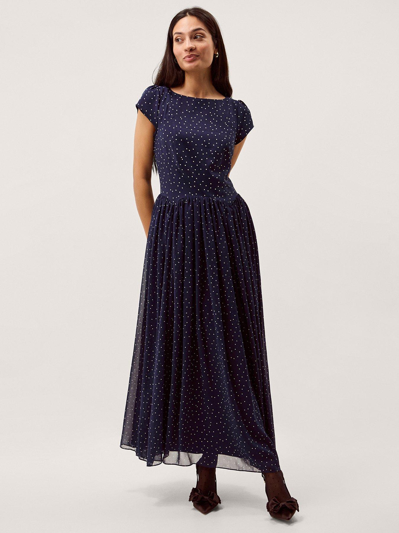 Image 1 of 5 of Monsoon Caitie Spot Midi Dress - Navy