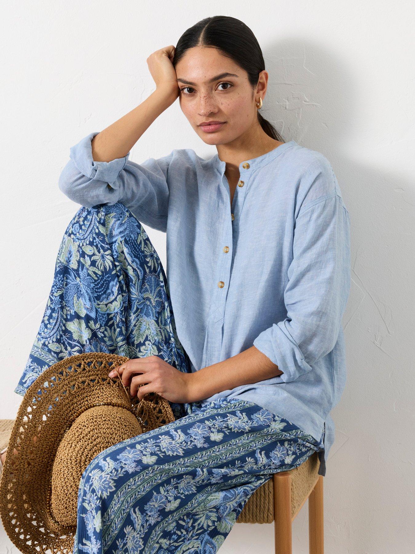 Image 1 of 6 of FatFace Julia Linen Popover Blouse - Blue