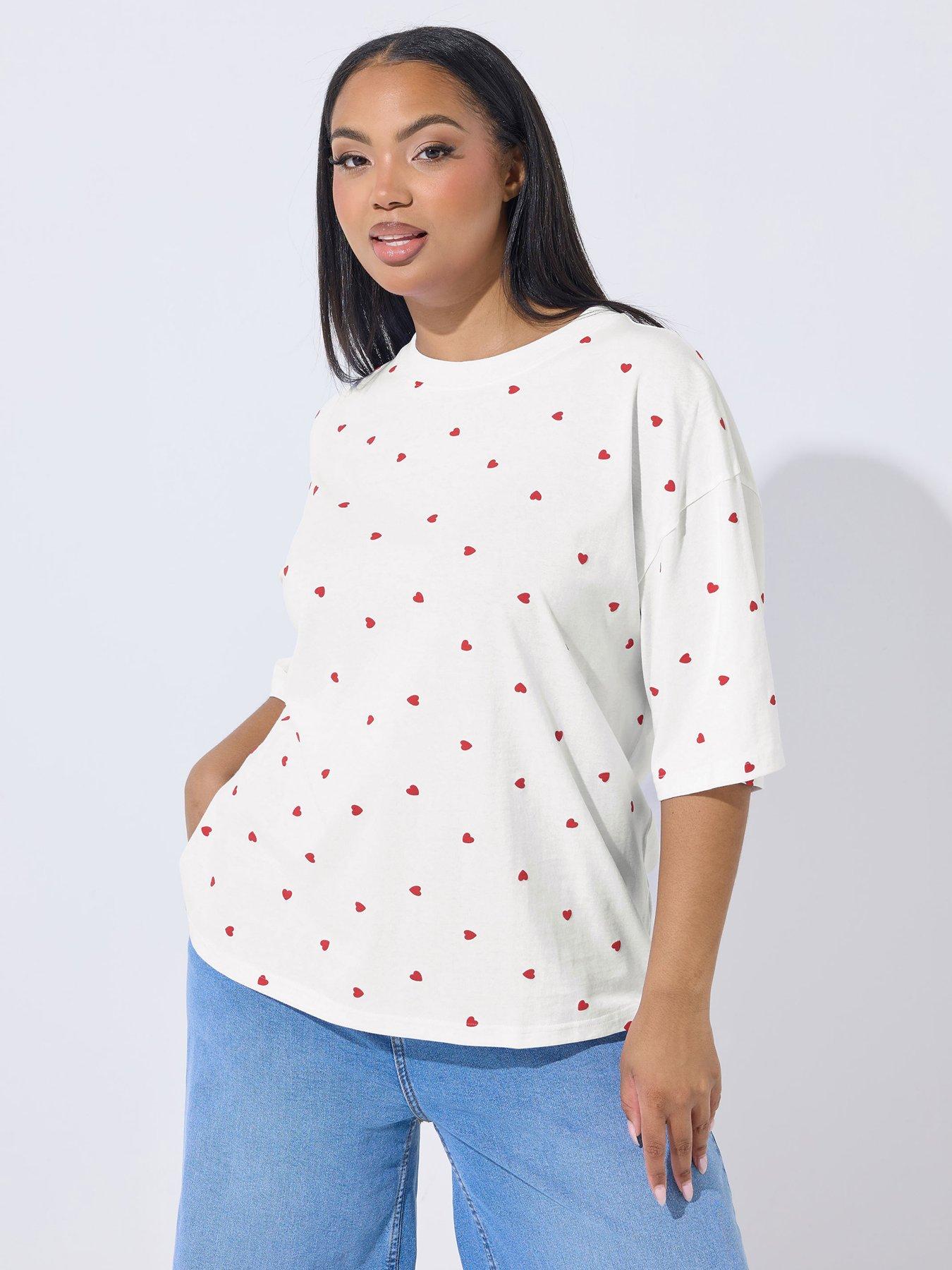Image 1 of 5 of Yours Curve Heart Print Boxy T-Shirt - White
