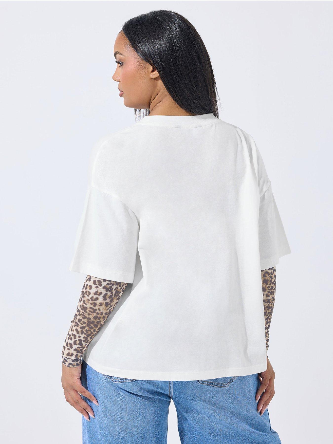 Image 2 of 5 of Yours Curve Mesh Insert Leopard T-Shirt - White