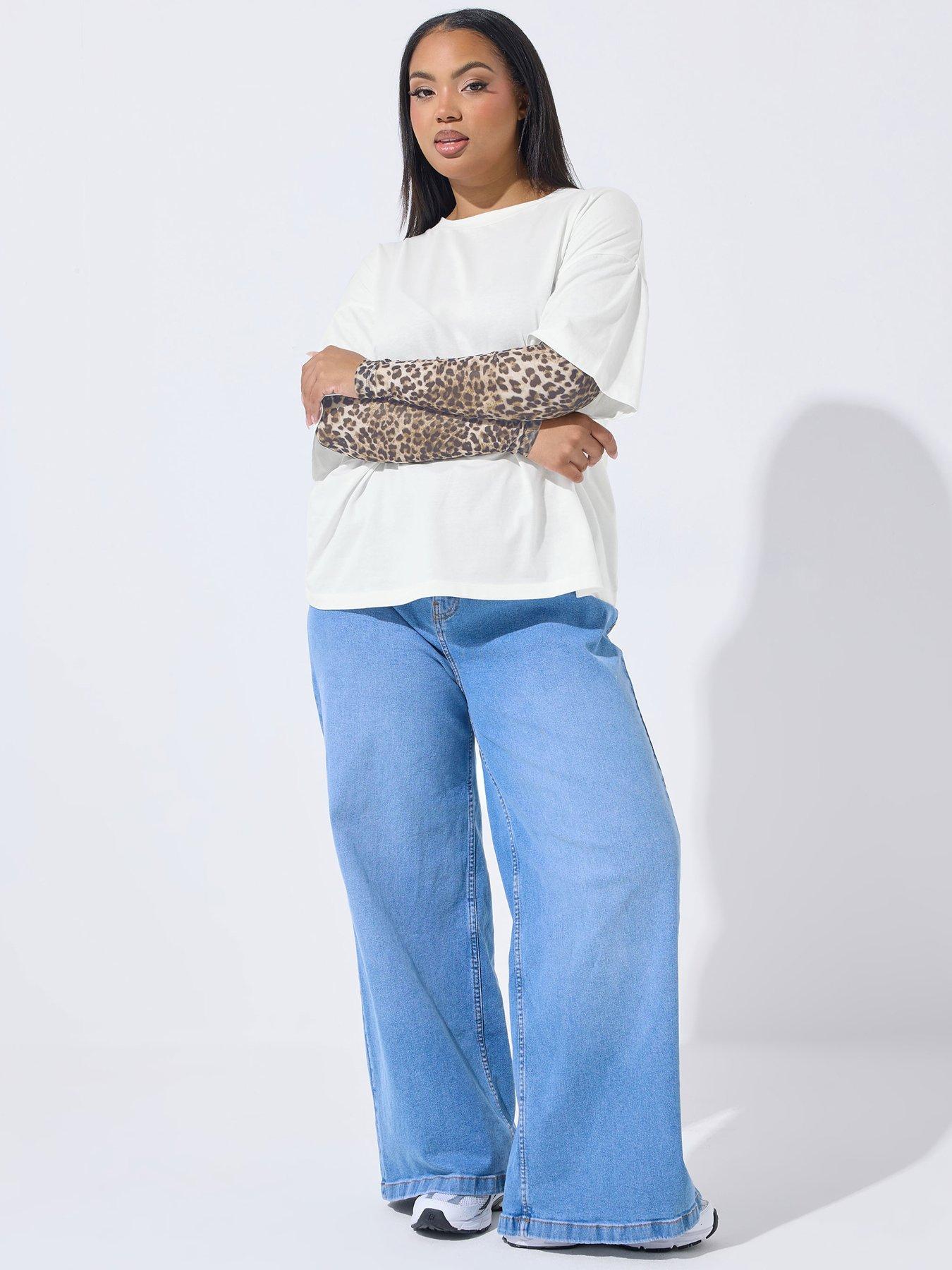 Image 3 of 5 of Yours Curve Mesh Insert Leopard T-Shirt - White