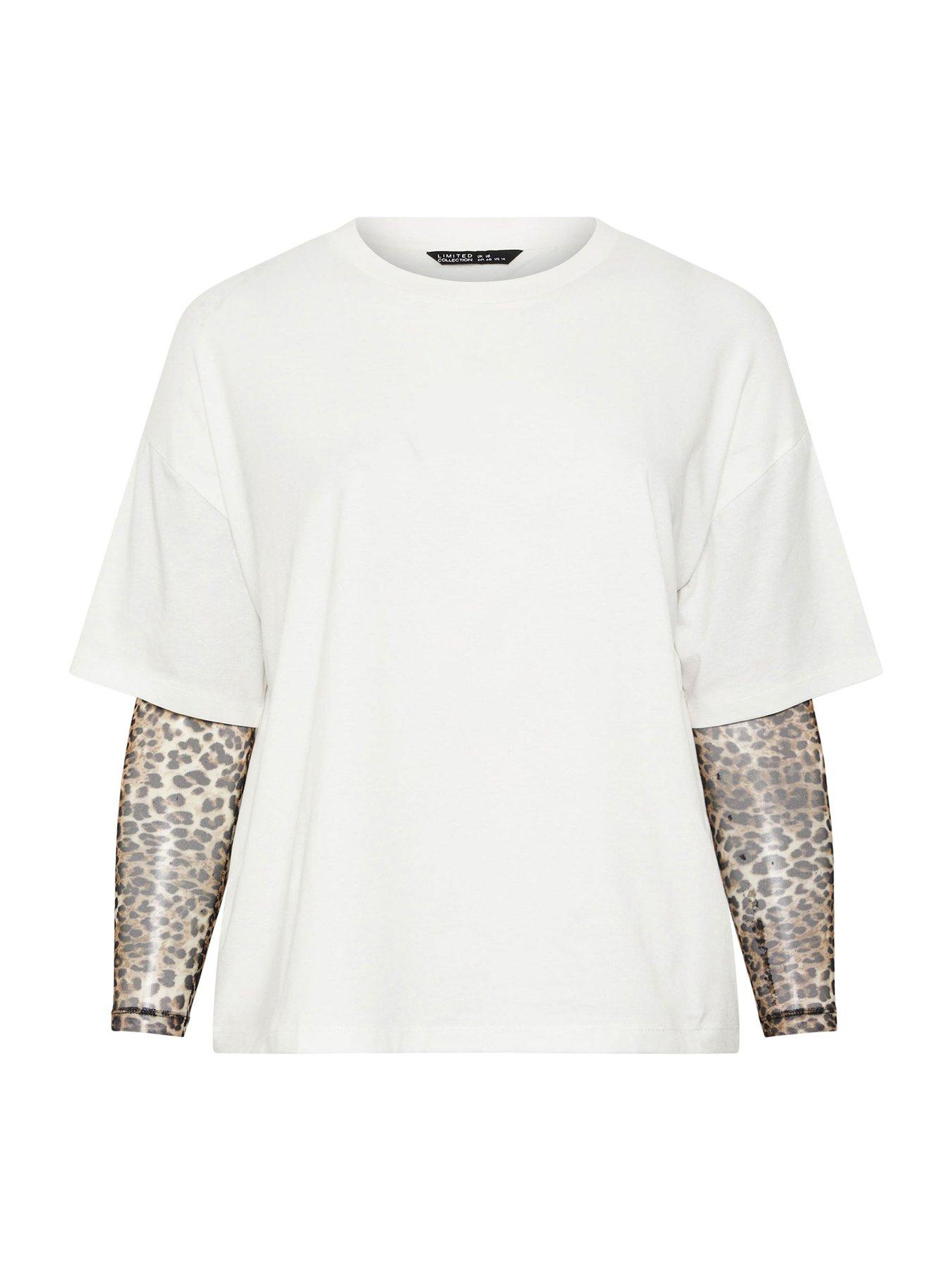 Image 5 of 5 of Yours Curve Mesh Insert Leopard T-Shirt - White