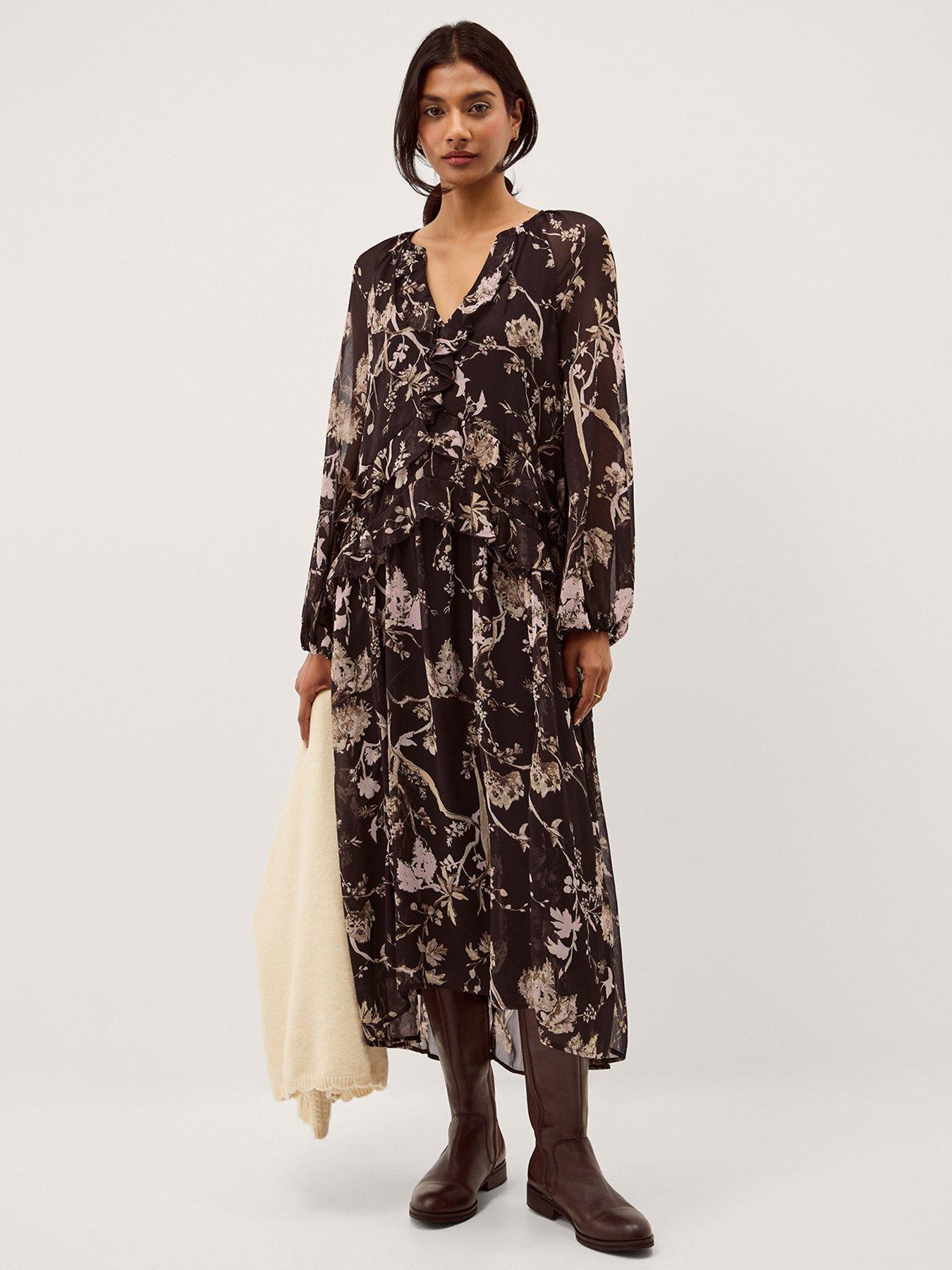 Monsoon Jada Floral Print Midi Dress - Brown