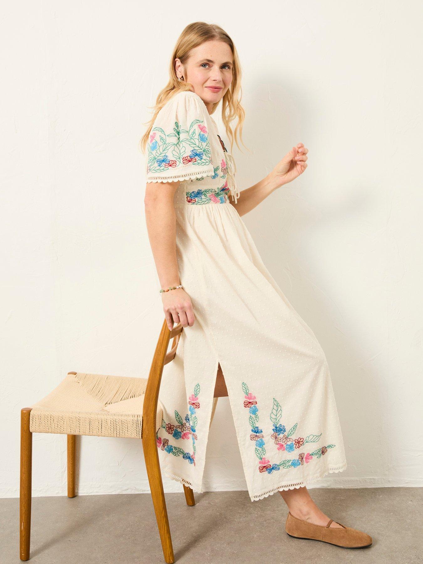 Image 1 of 7 of FatFace Lea Emb Midi Dress - Ivory