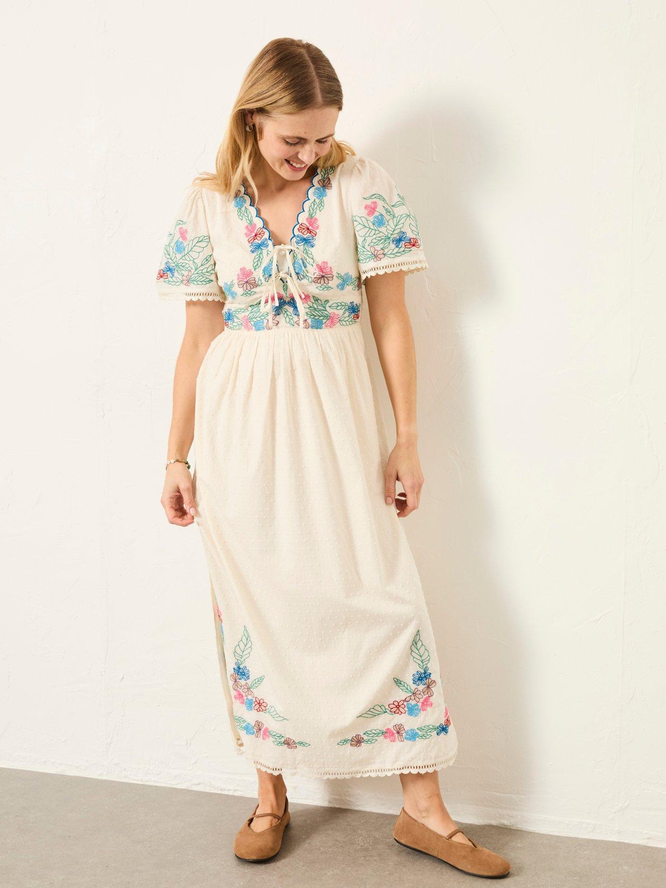 Image 3 of 7 of FatFace Lea Emb Midi Dress - Ivory