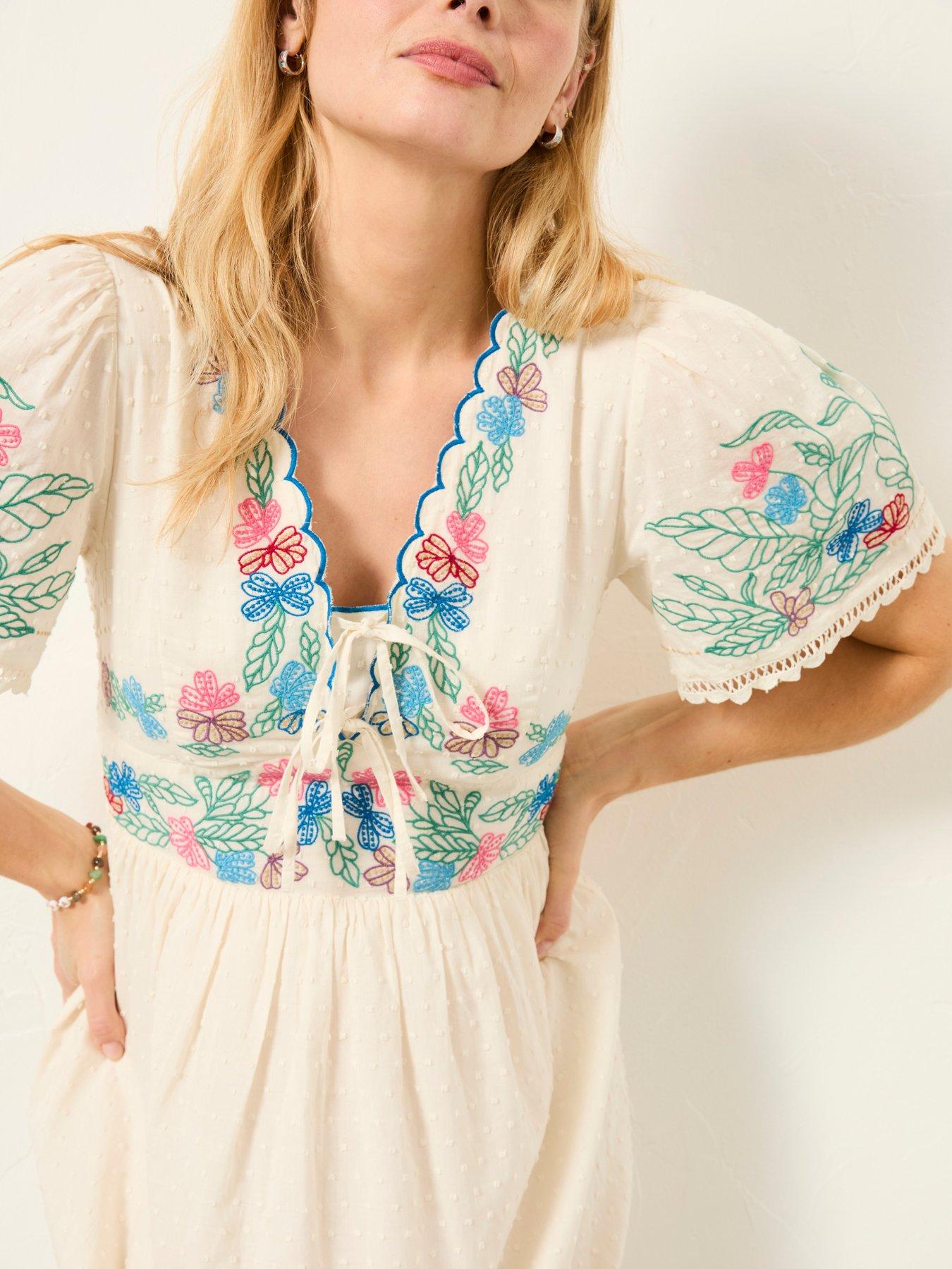 Image 4 of 7 of FatFace Lea Emb Midi Dress - Ivory
