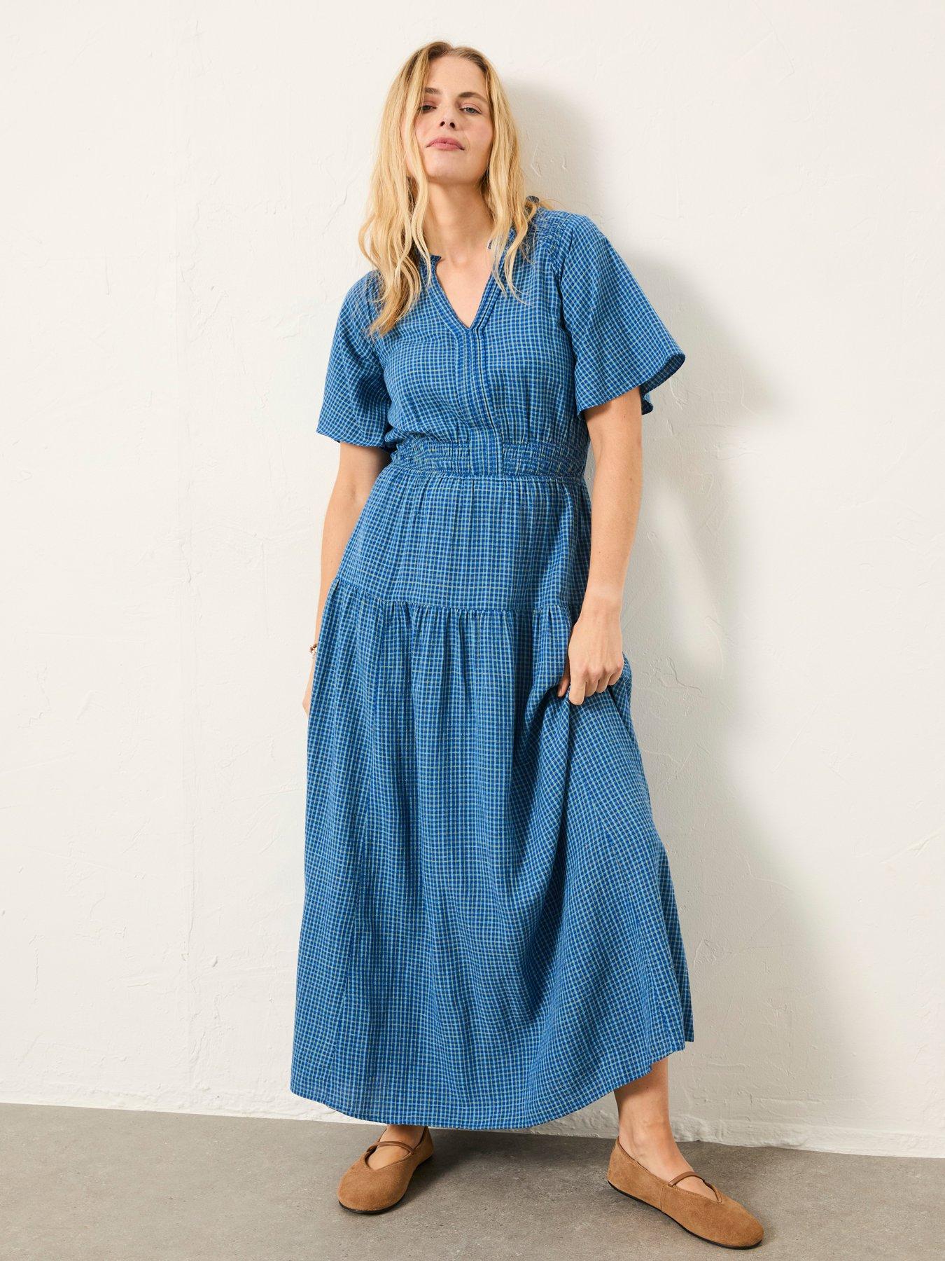 Image 1 of 6 of FatFace Rowen Check Midi Dress - Blue