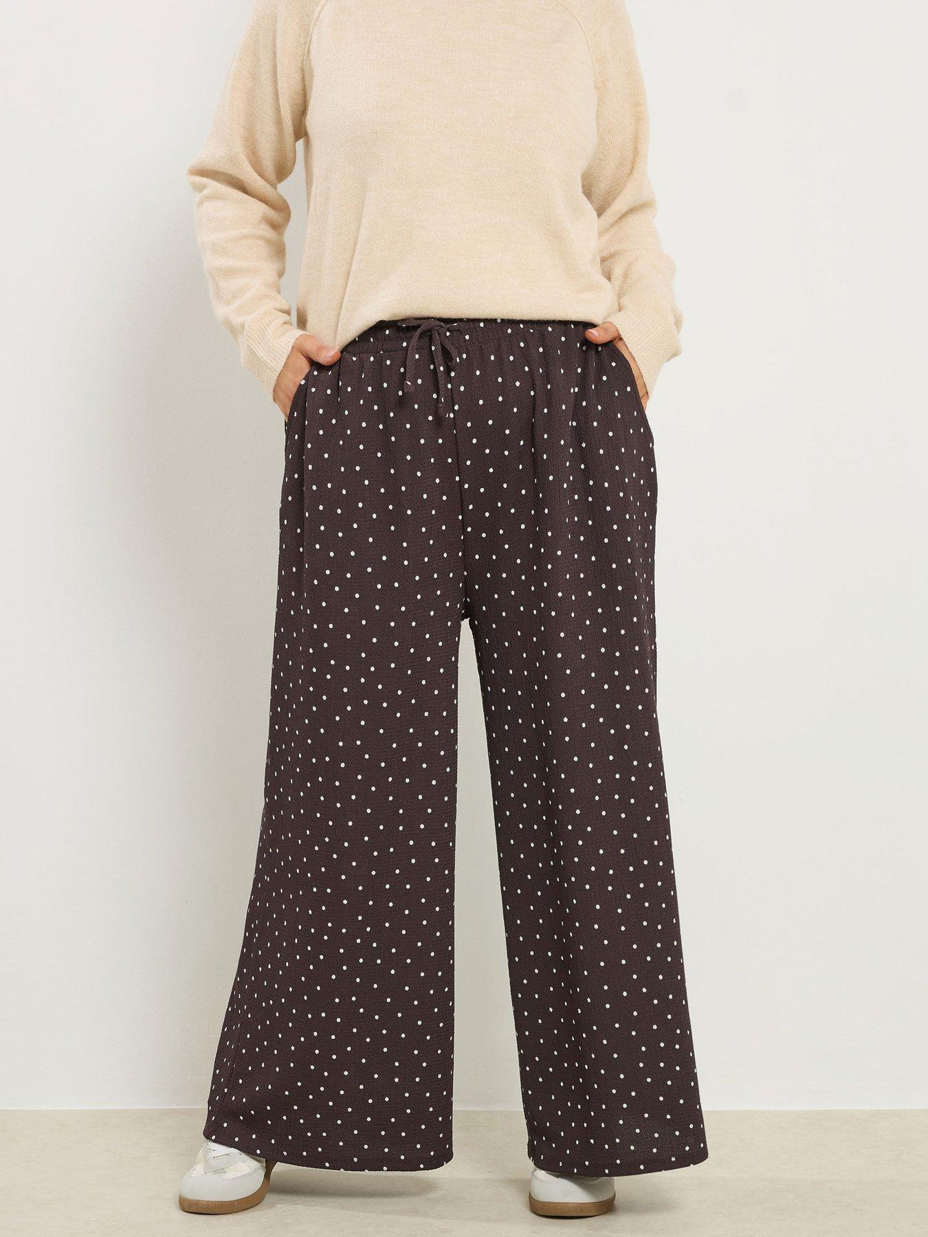 Yours Curve Crinkle Wide Leg Spot Trousers - Brown