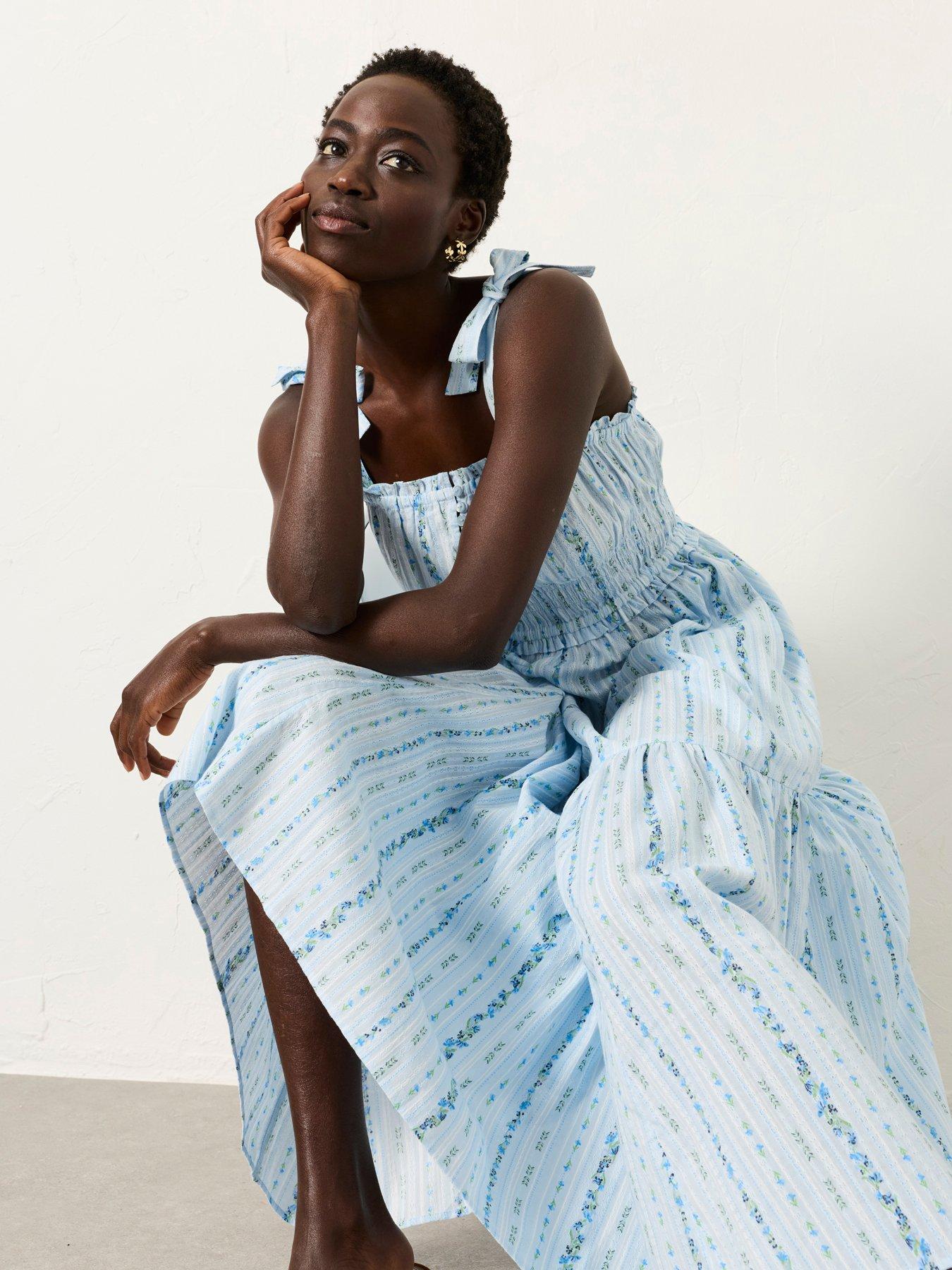 Image 1 of 6 of FatFace Martha Stripe Midi Dress - Blue
