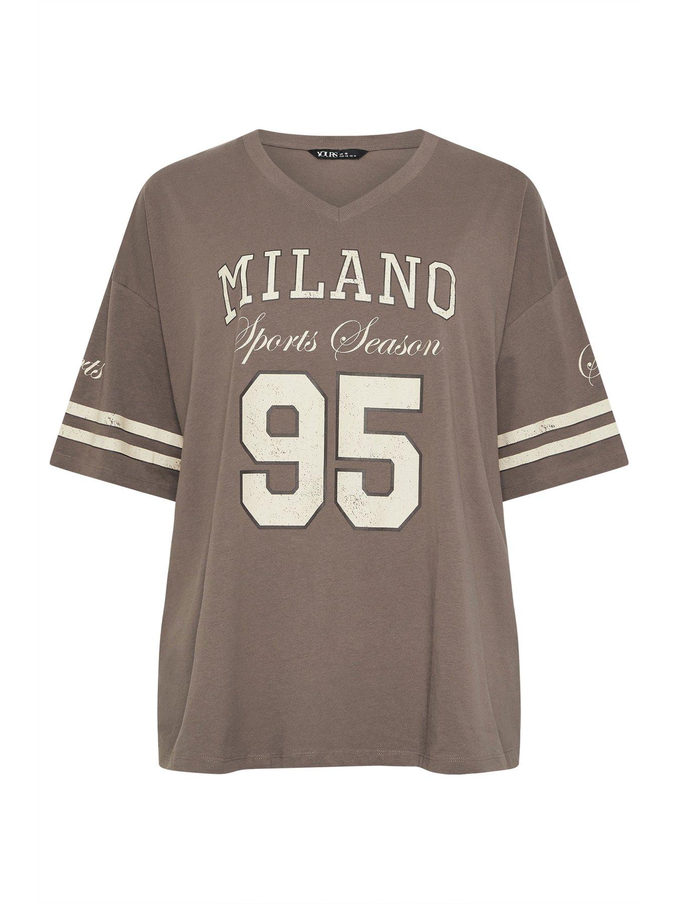 Image 5 of 5 of Yours Curve Placement Boxy Varsity T-Shirt - Brown