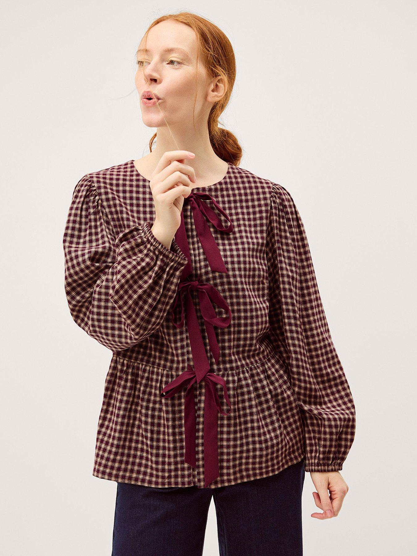 Image 1 of 5 of Monsoon Agatha Tie Front Check Print Top - Red