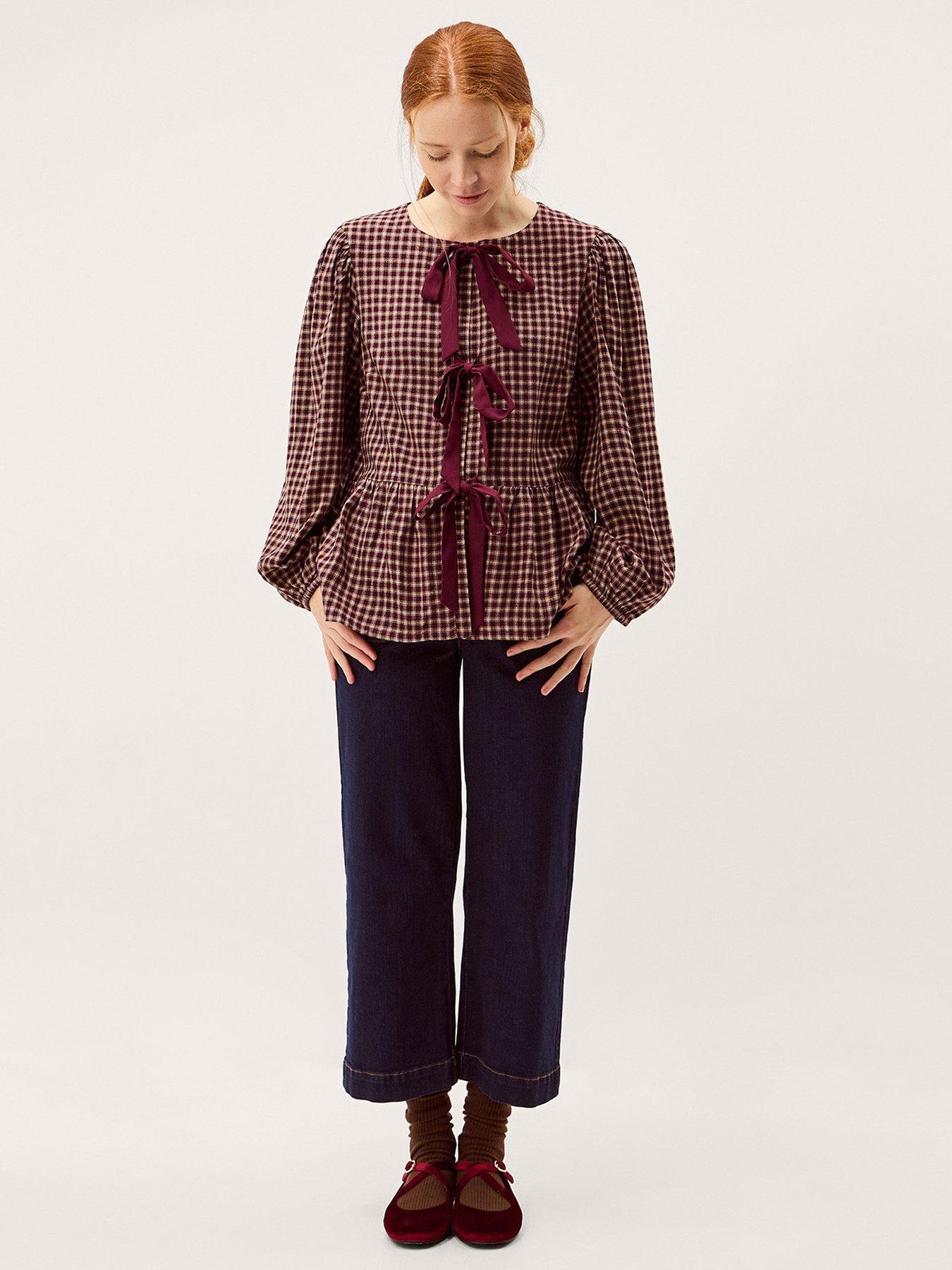 Image 3 of 5 of Monsoon Agatha Tie Front Check Print Top - Red