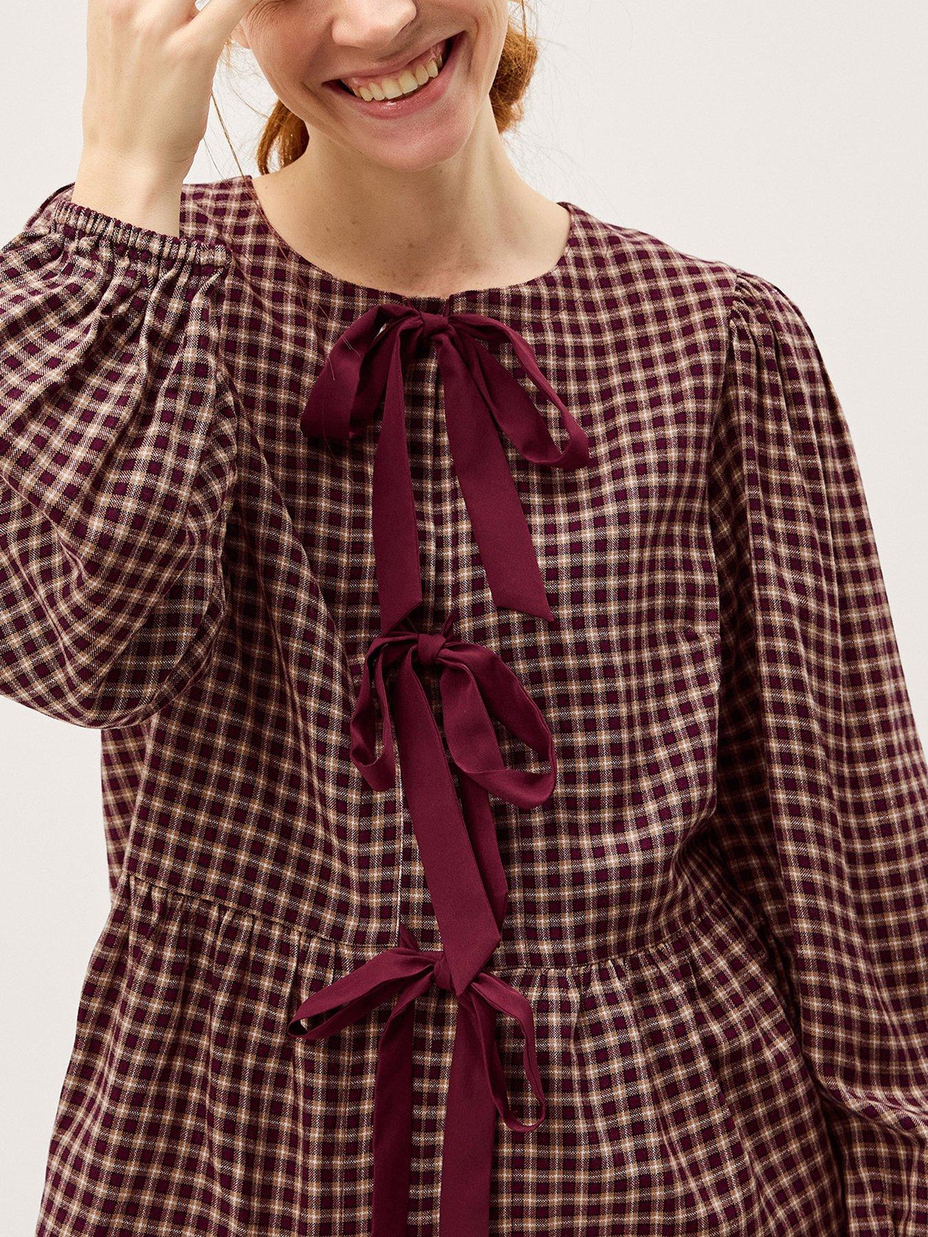 Image 4 of 5 of Monsoon Agatha Tie Front Check Print Top - Red