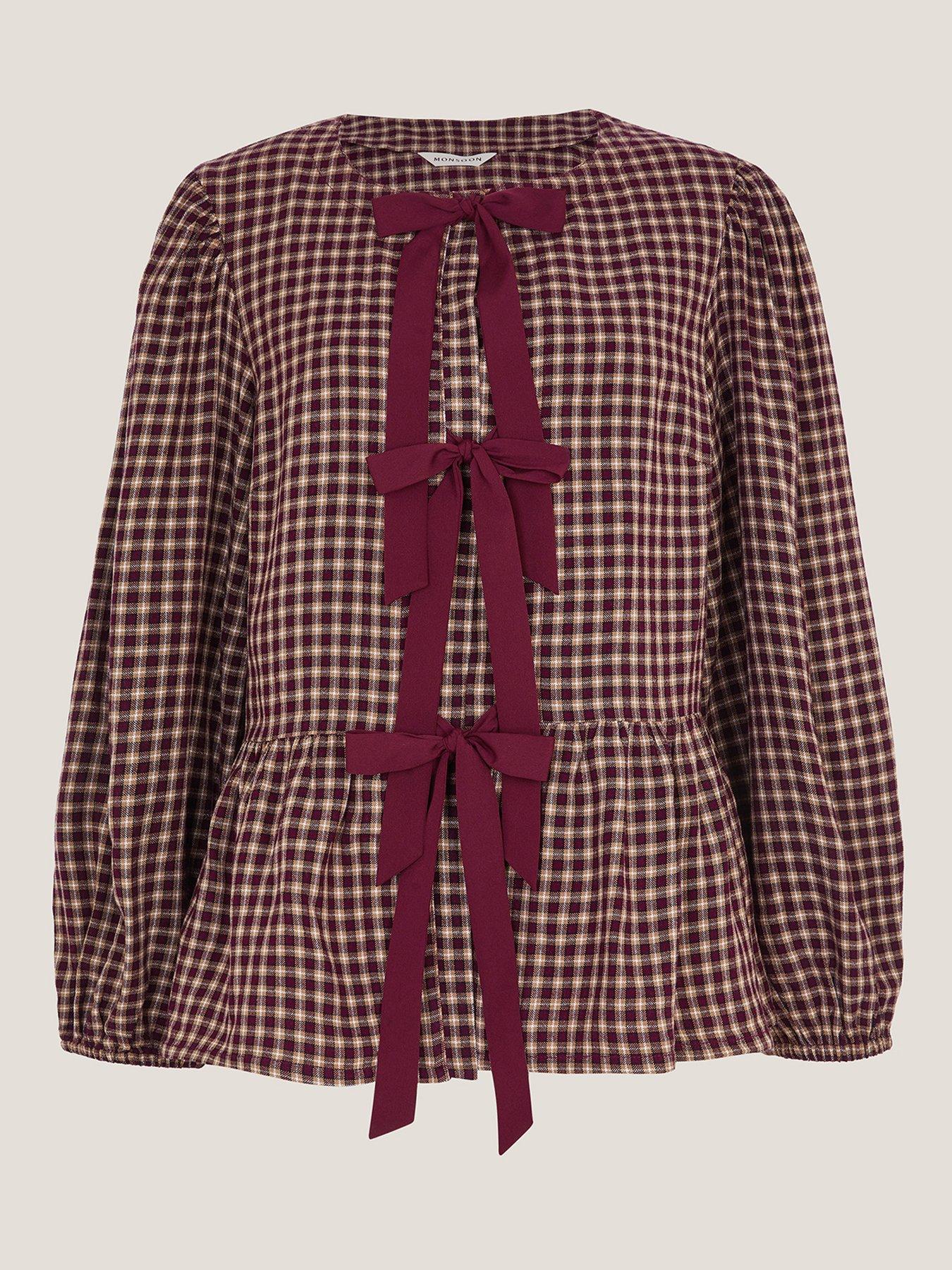Image 5 of 5 of Monsoon Agatha Tie Front Check Print Top - Red