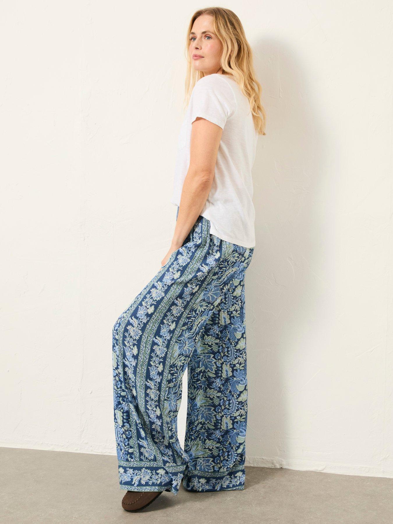 Image 2 of 6 of FatFace Ines Woodlblock Bloom Wide Leg Trousers - Blue