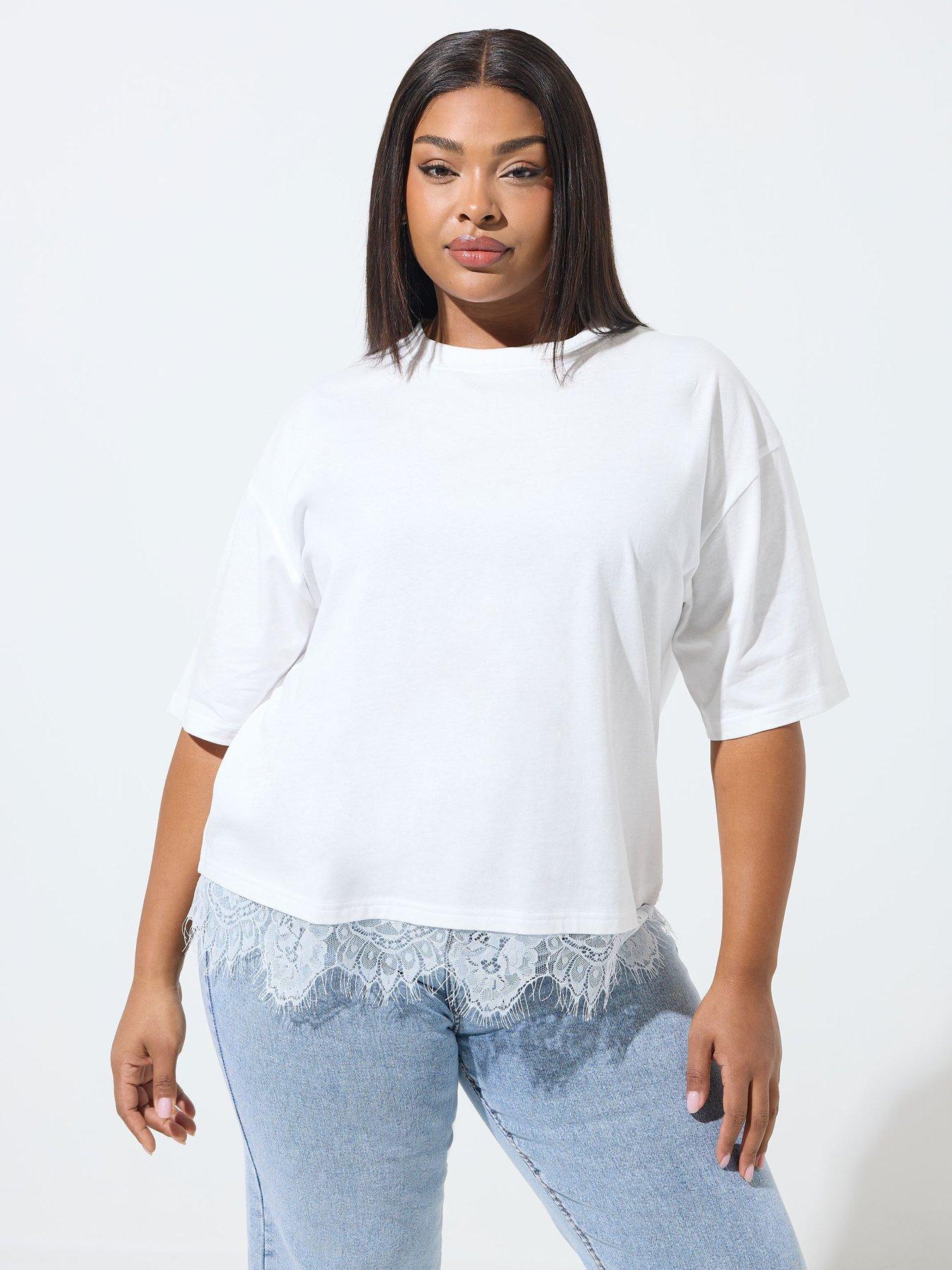 Image 1 of 5 of Yours Curve Lace Hem Top - White