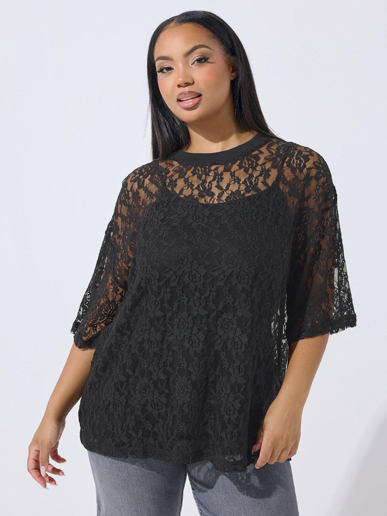 Yours Curve All Over Lace T-Shirt - Black
