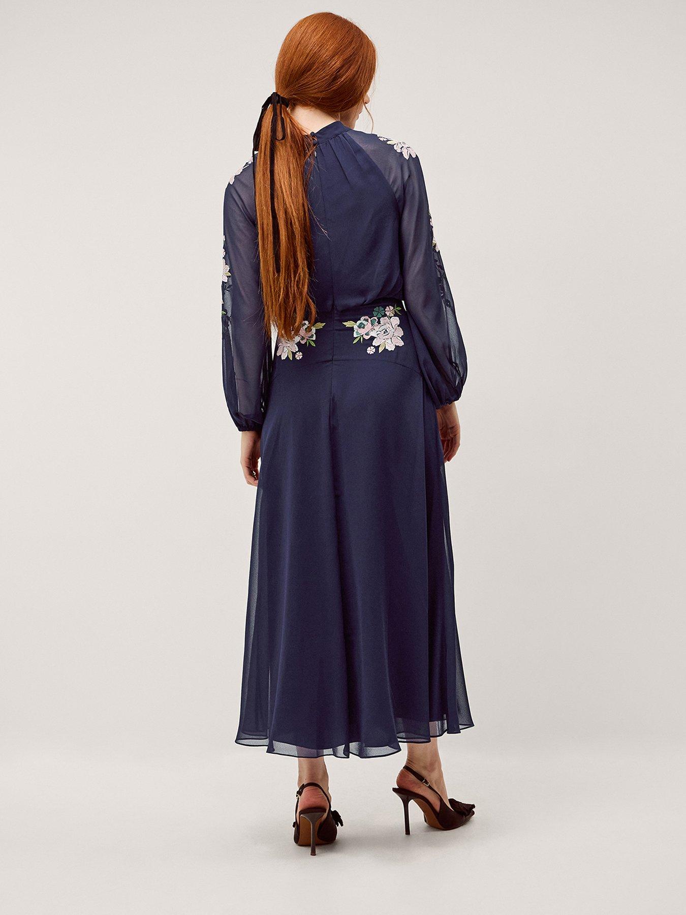 Image 2 of 4 of Monsoon Annika Embroidered Midi Dress - Navy