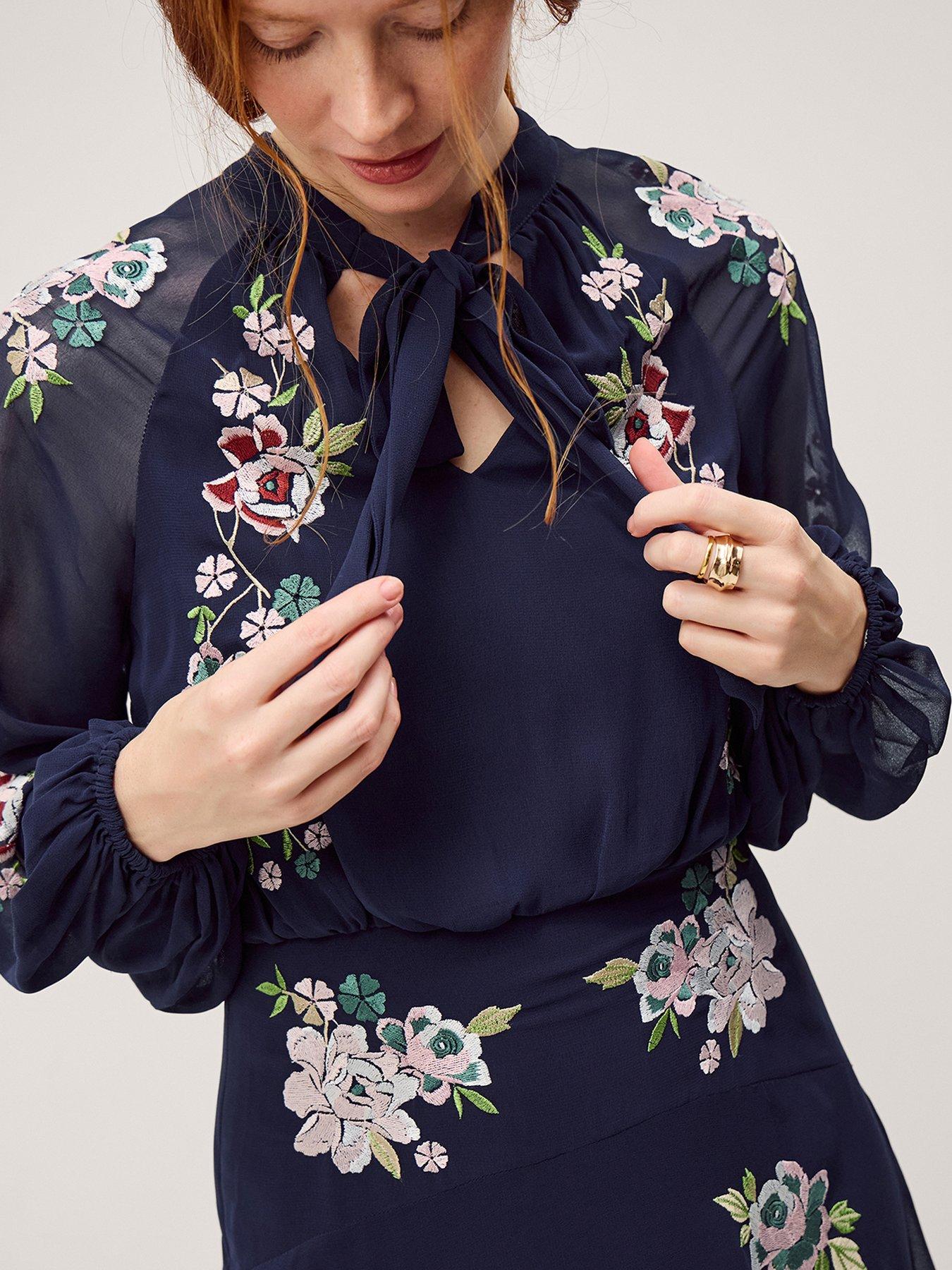 Image 4 of 4 of Monsoon Annika Embroidered Midi Dress - Navy