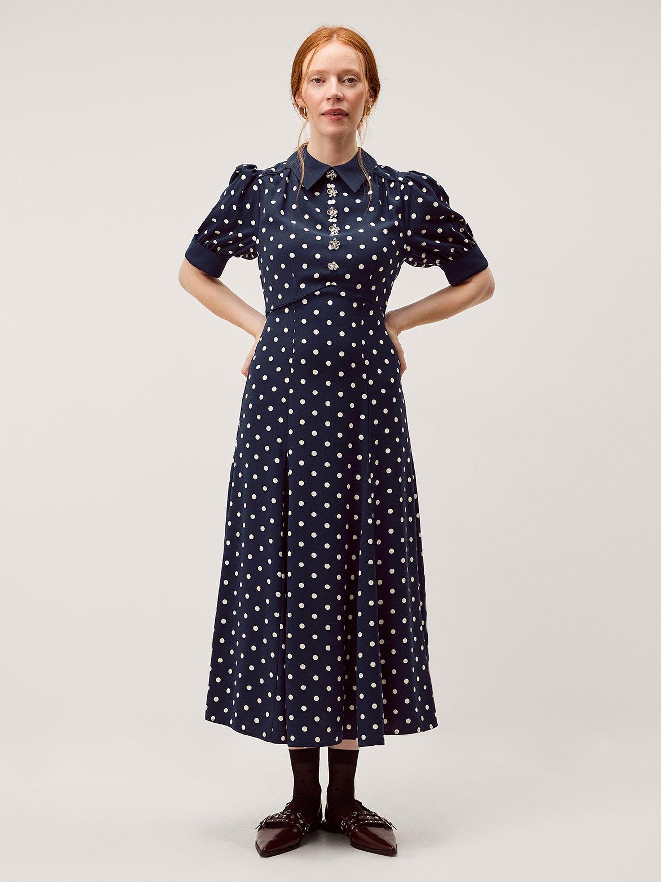 Image 1 of 5 of Monsoon Kate Spot Print Midi Dress - Navy