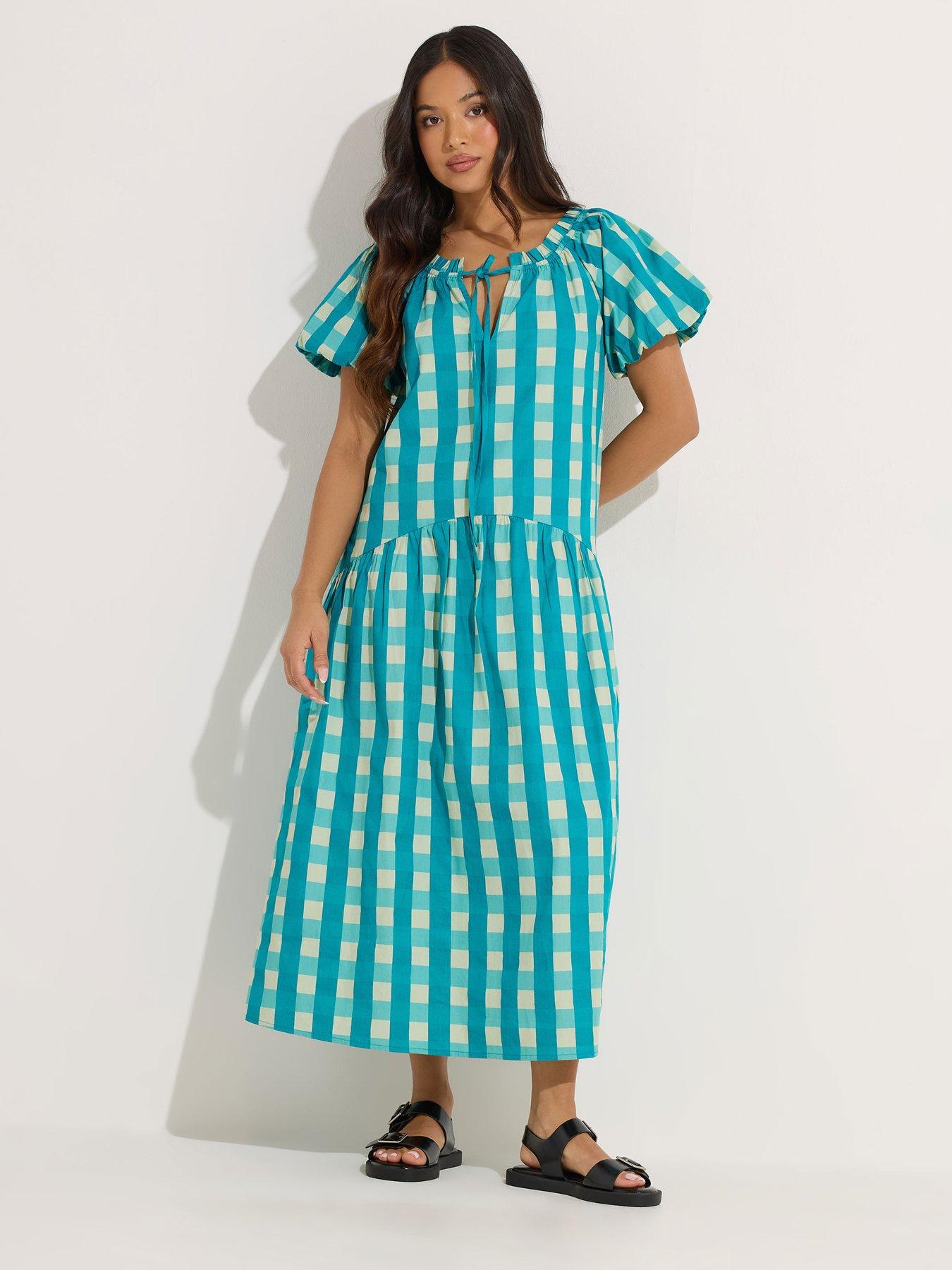 pixiegirl-petite-check-tie-neck-drop-tier-dressfront