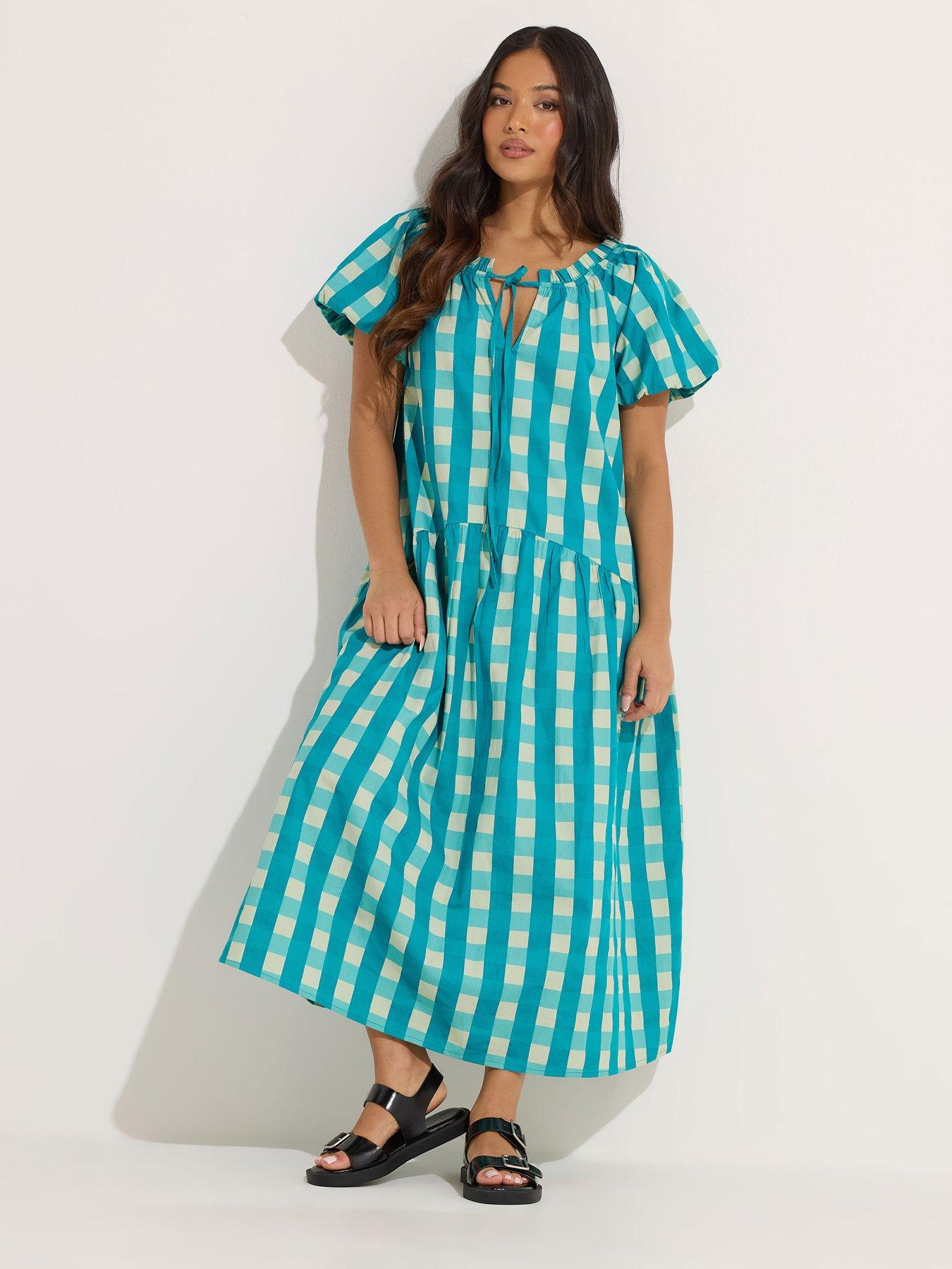 pixiegirl-petite-check-tie-neck-drop-tier-dressback