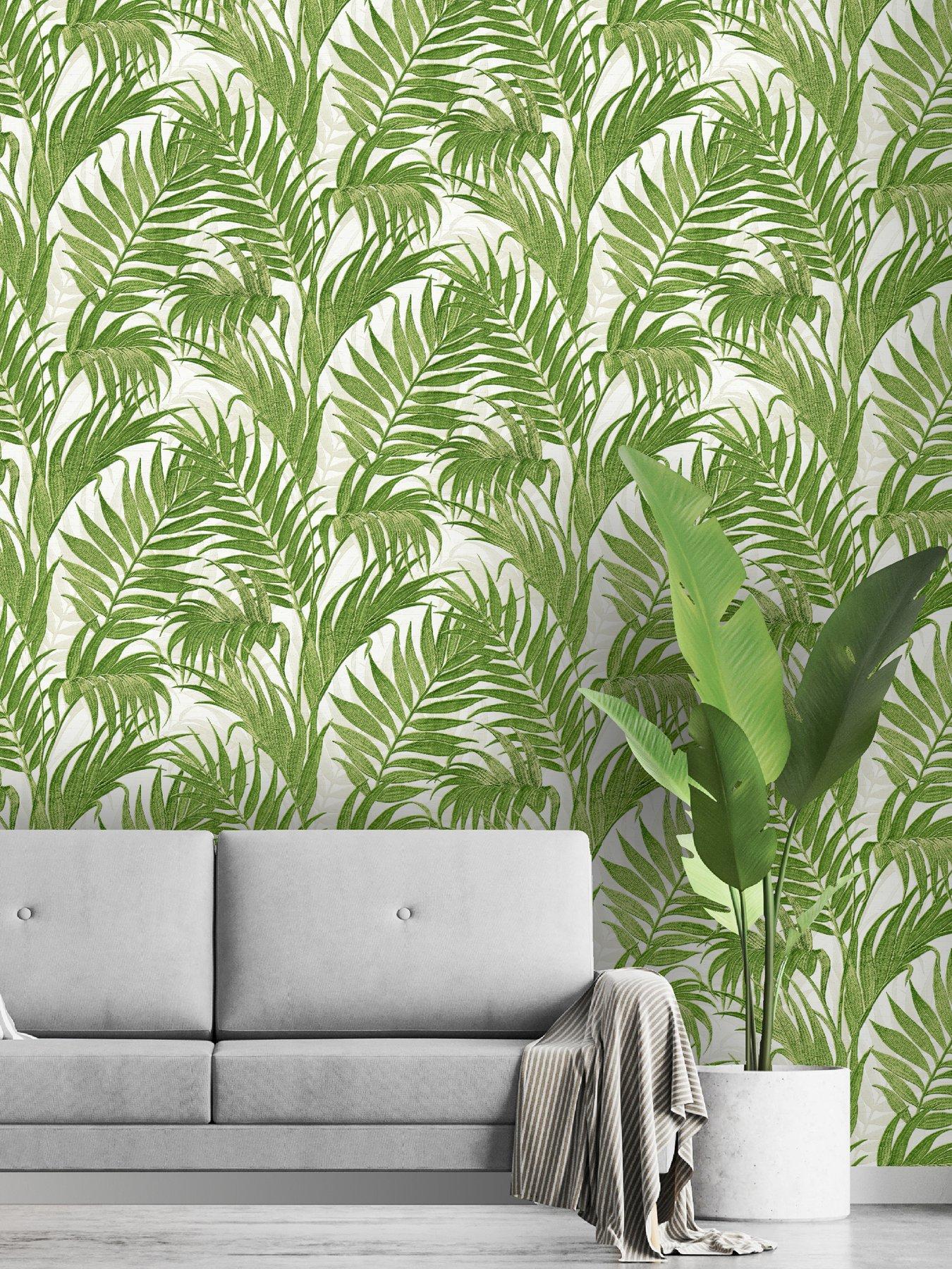 Image 1 of 5 of Design ID Did Tropical Palm Leaf Green & White Wallpaper