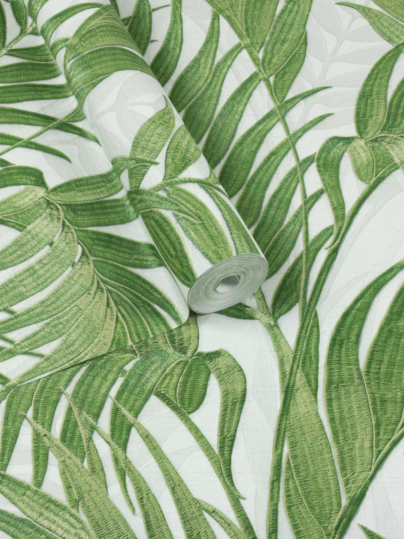 Image 2 of 5 of Design ID Did Tropical Palm Leaf Green & White Wallpaper