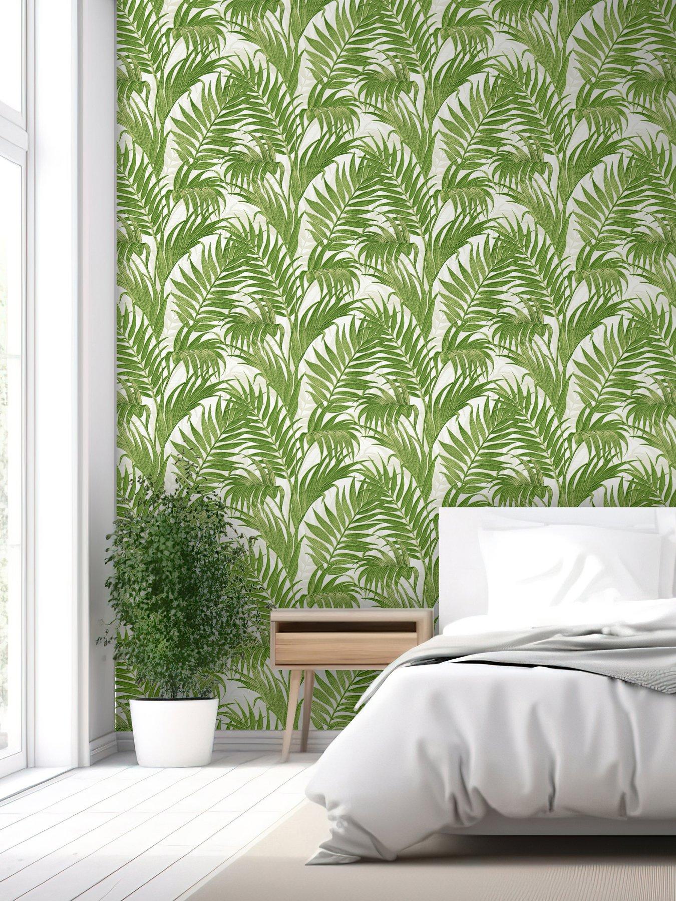 Image 4 of 5 of Design ID Did Tropical Palm Leaf Green & White Wallpaper