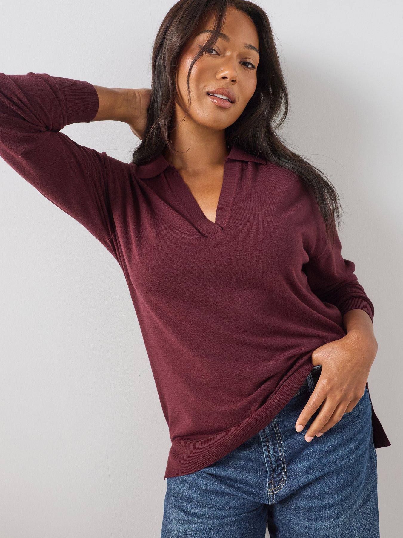 The Very Collection Curve Classic Comfort Button Collared Jumper - Burgundy
