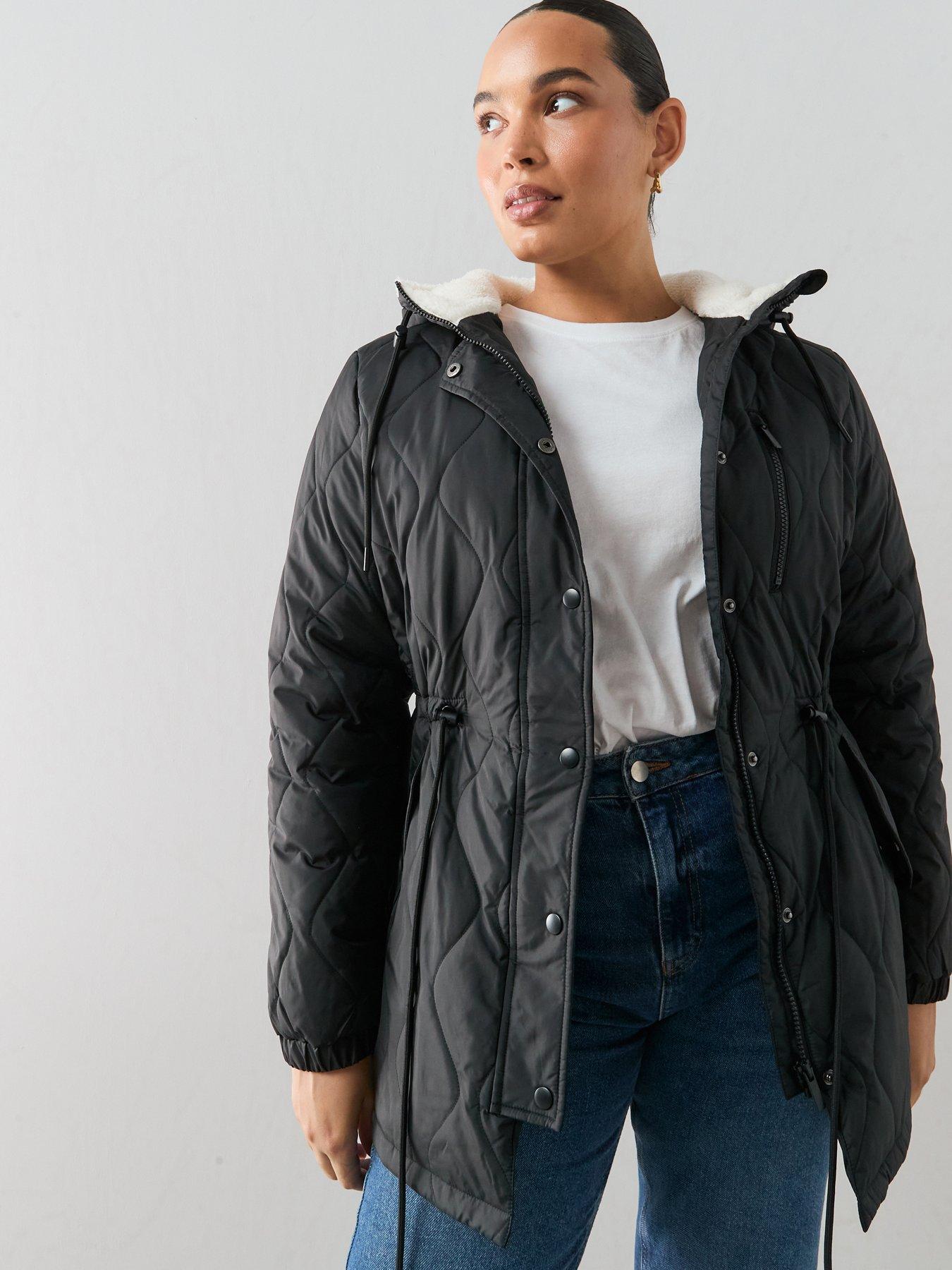 Image 1 of 6 of The Very Collection Curve Fleece Hood Quilted Padded Jacket - Black