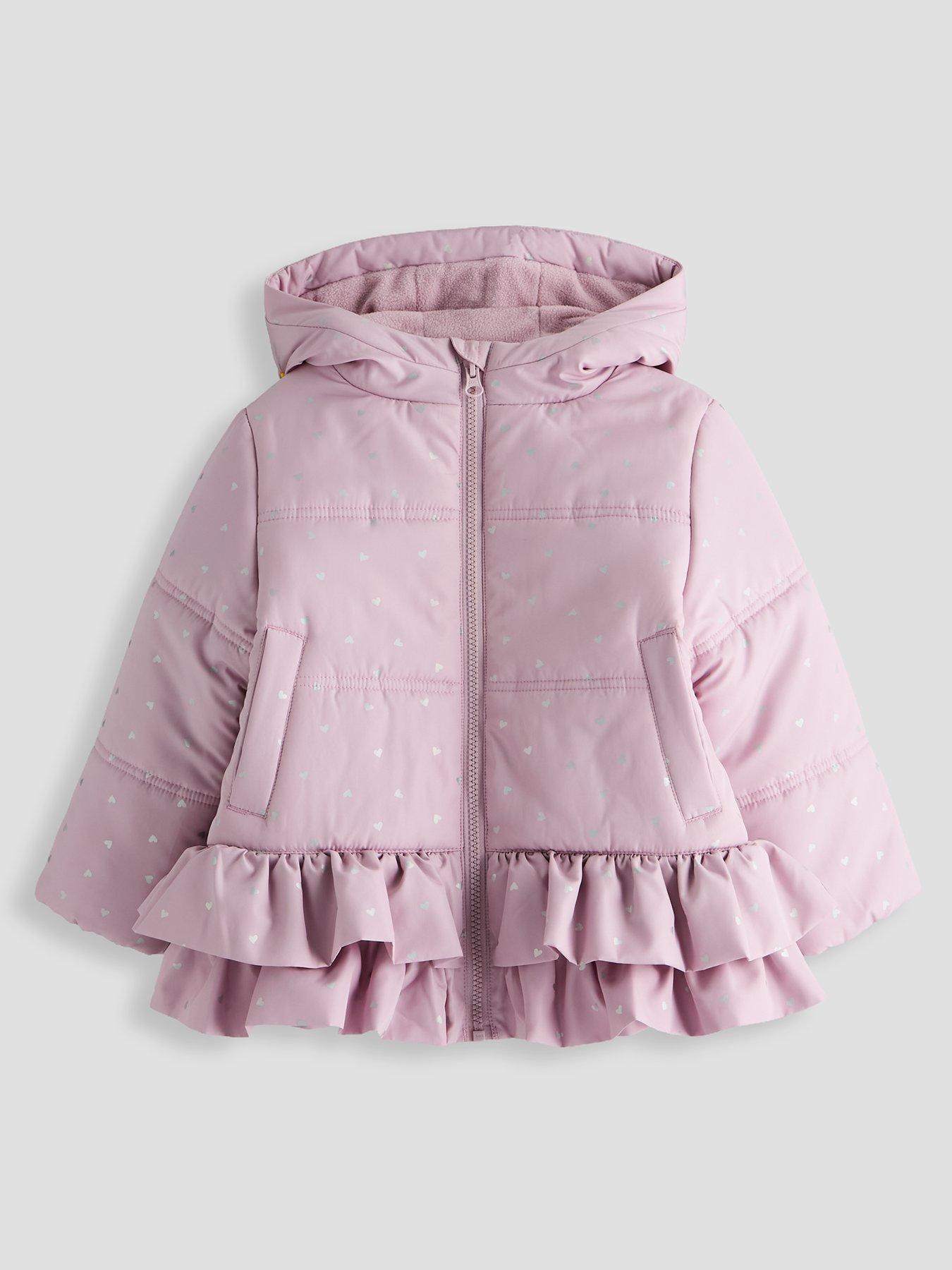 Image 1 of 5 of The Very Collection Girls Frill Heart Print Hem Padded Hooded Coat - Pink
