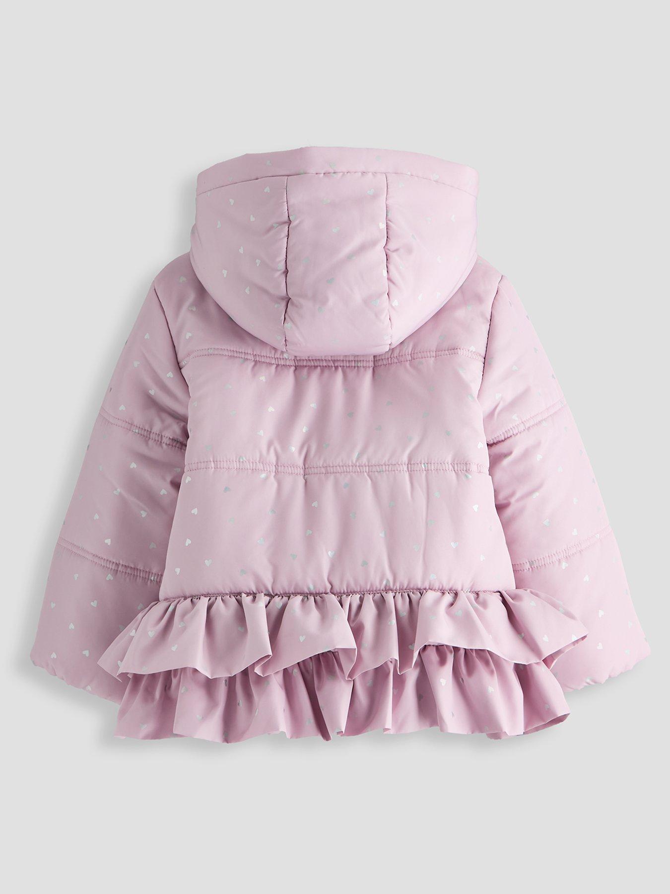 Image 2 of 5 of The Very Collection Girls Frill Heart Print Hem Padded Hooded Coat - Pink
