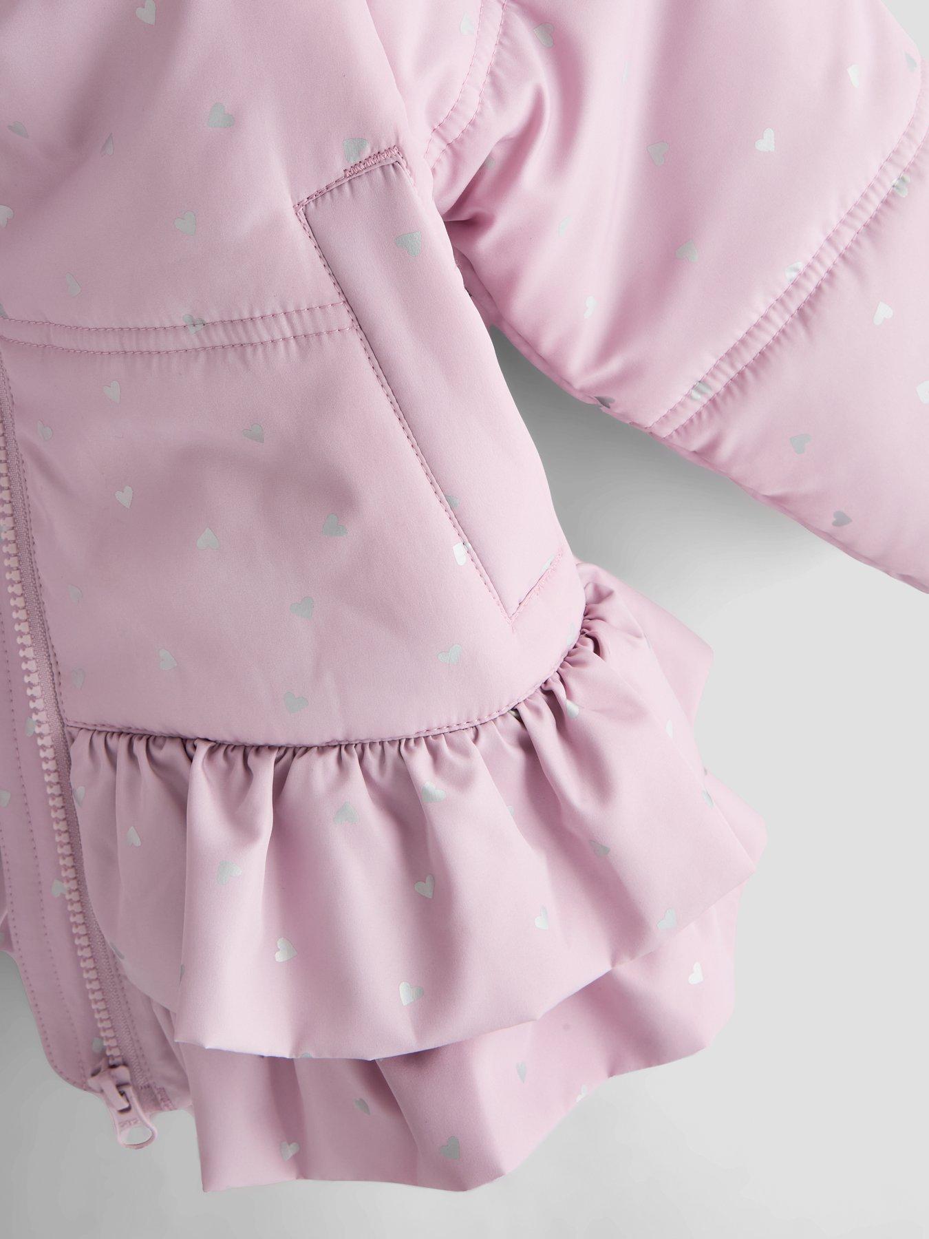 Image 4 of 5 of The Very Collection Girls Frill Heart Print Hem Padded Hooded Coat - Pink
