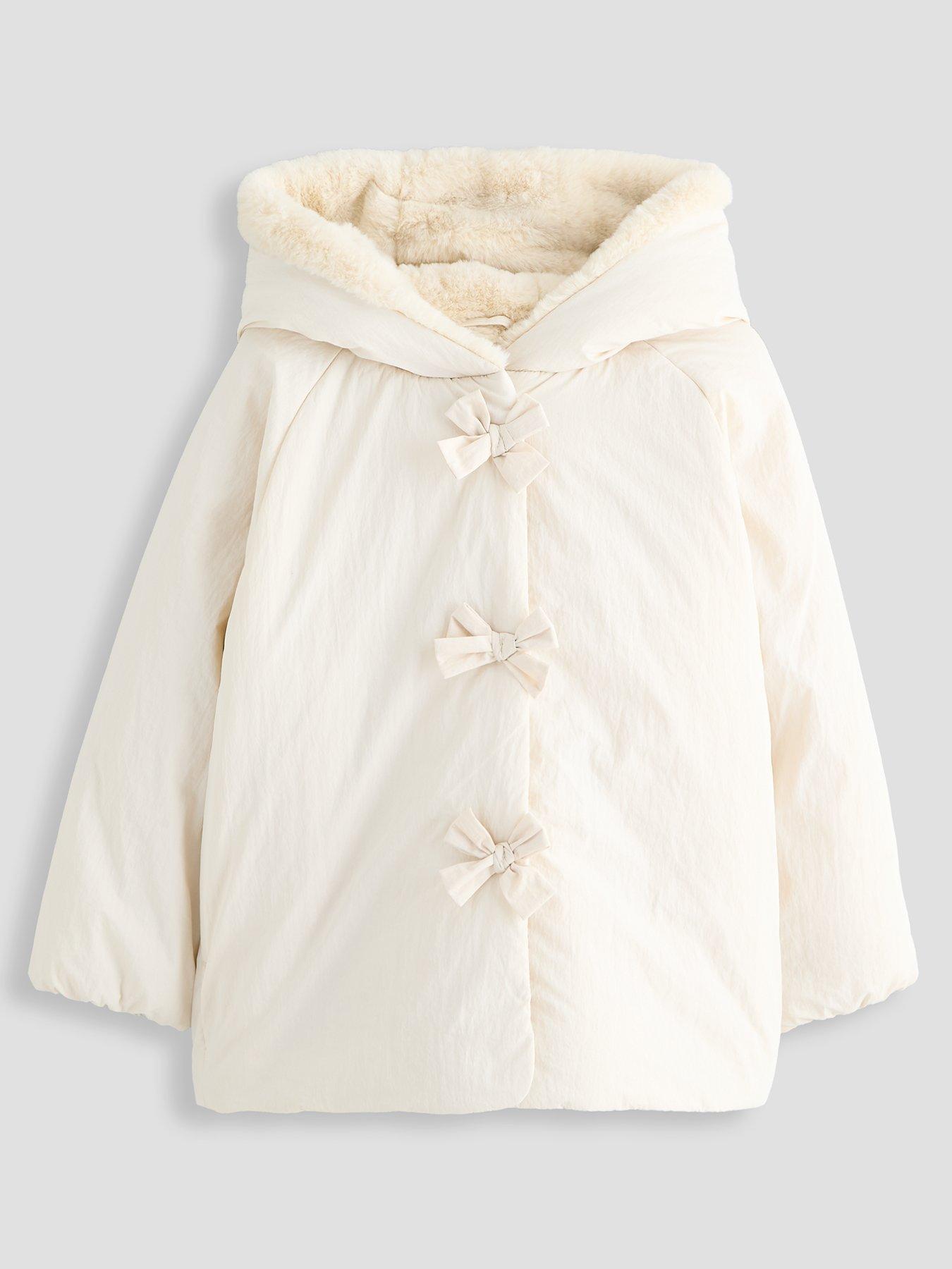 The Very Collection Girls Faux Fur Lined Coat With Bows - Cream