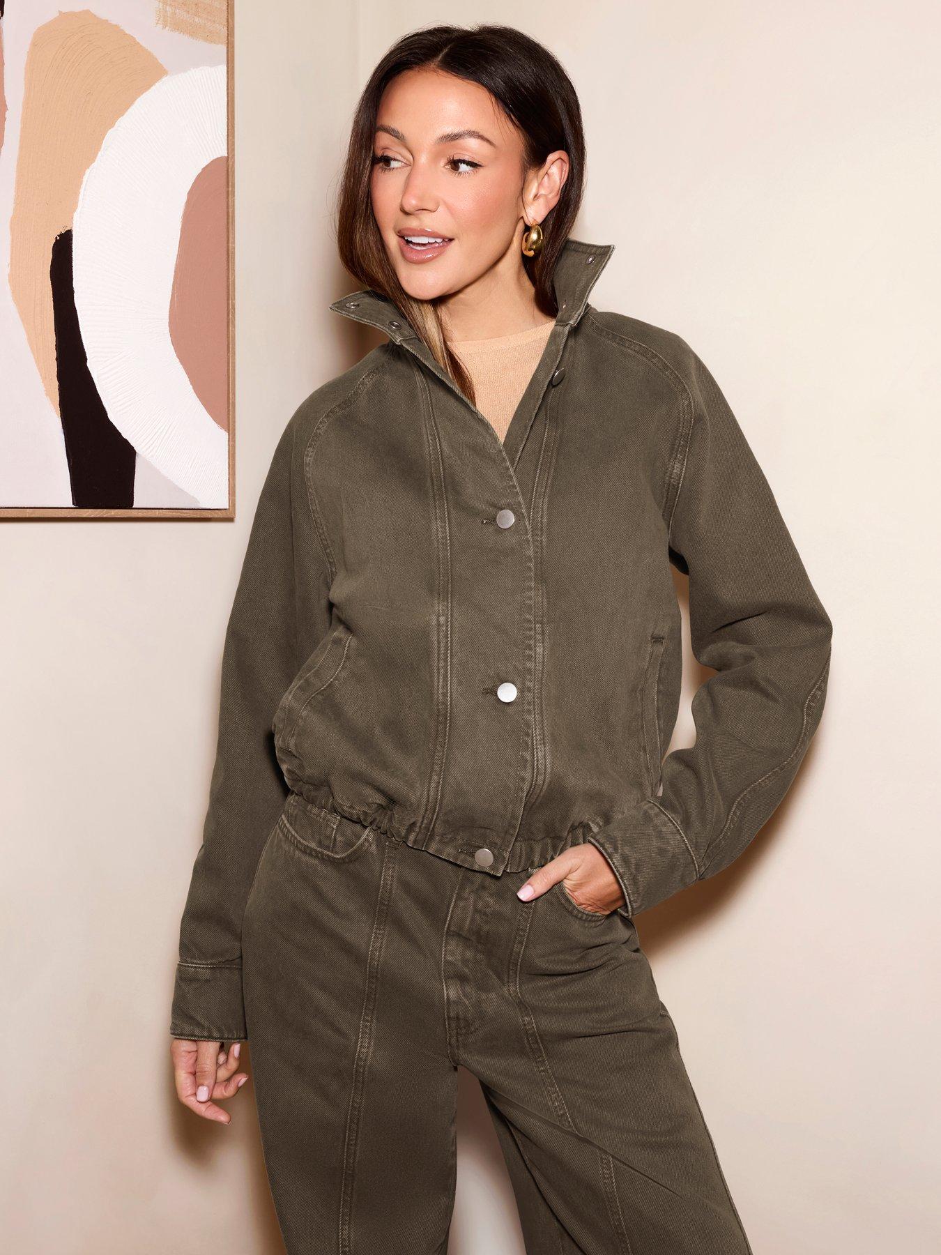Image 1 of 5 of Michelle Keegan Denim Funnel Neck Bomber Jacket- Khaki