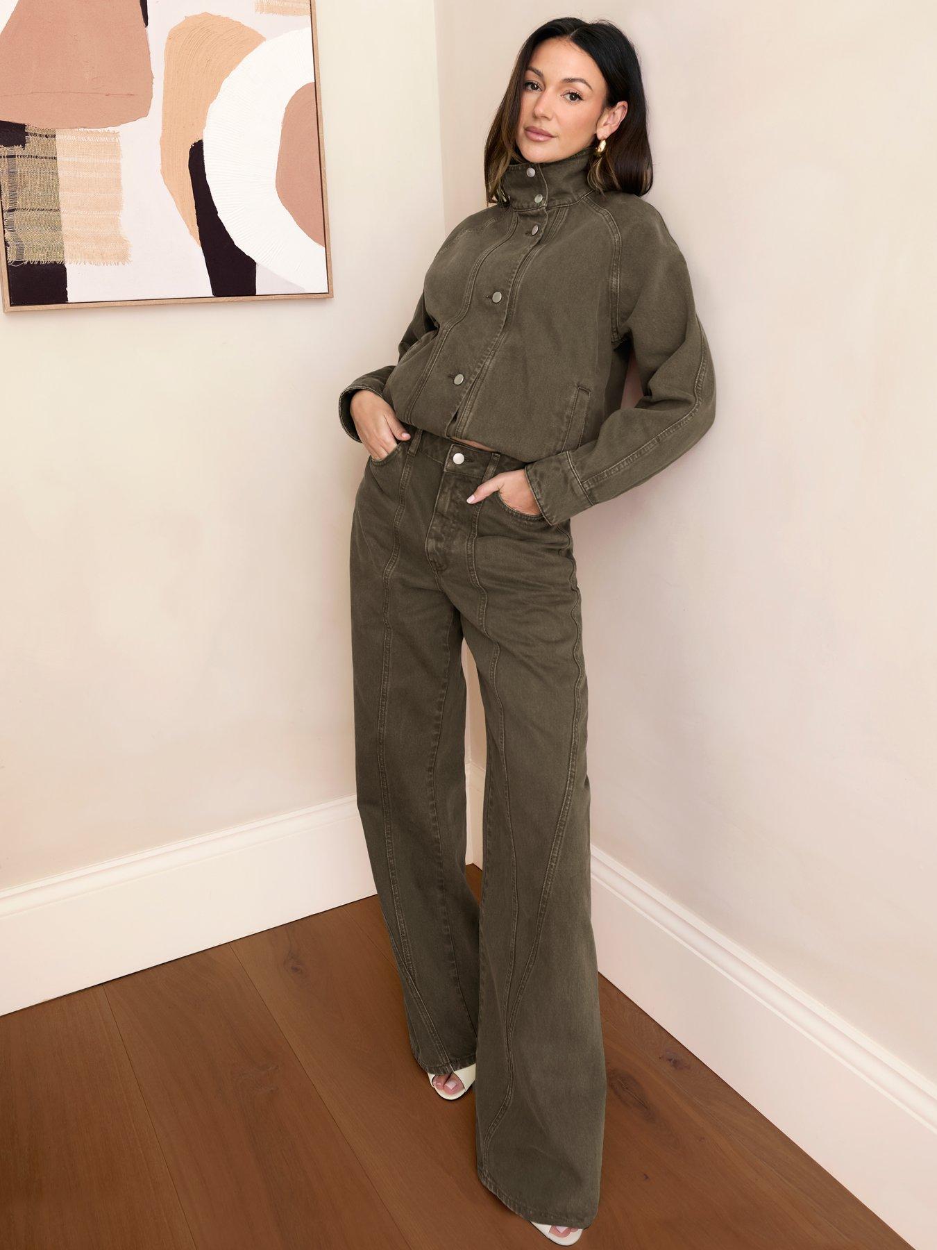 Image 4 of 5 of Michelle Keegan Denim Funnel Neck Bomber Jacket- Khaki