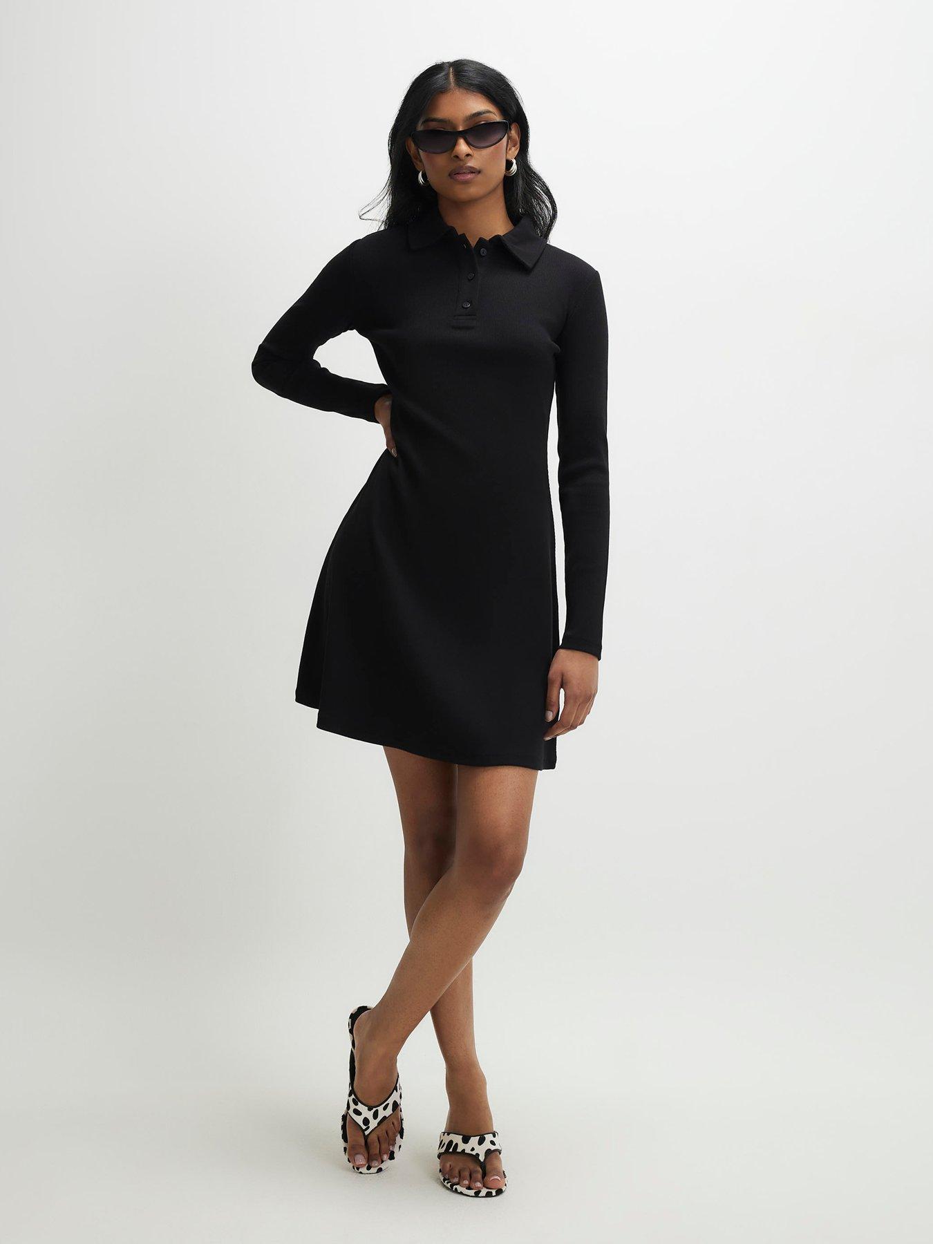 river-island-long-sleeve-ribbed-fit-and-flare-dress-black