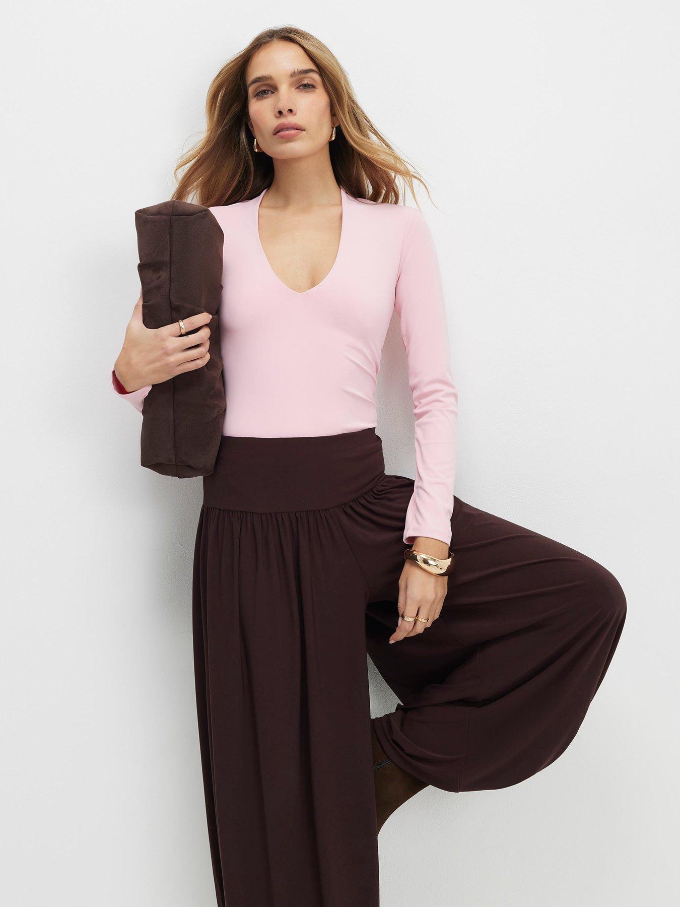 Image 1 of 4 of River Island Long Sleeve Plunge Polyamide Bodysuit - Pink