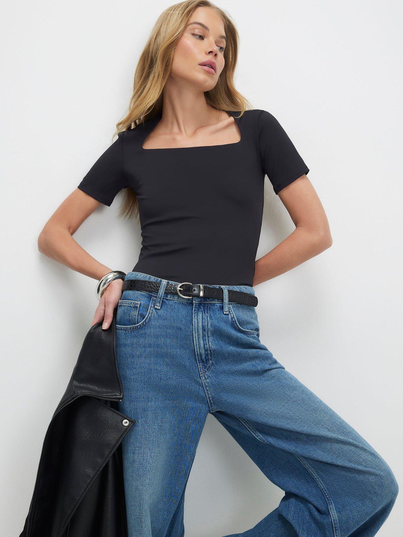 river-island-short-sleeve-square-neck-polyamide-t-shirt-blackfront