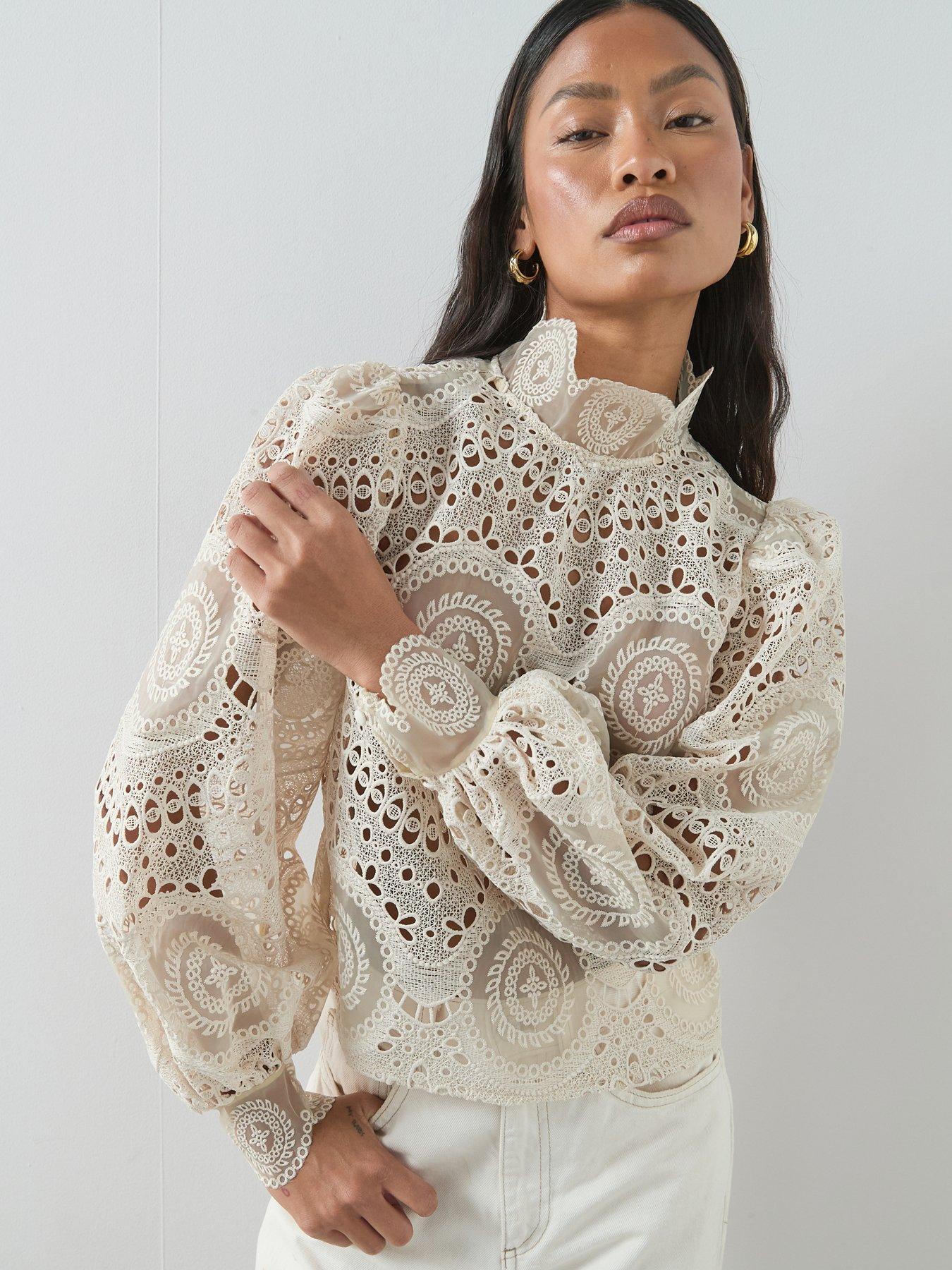 The Very Collection Lace High Neck Blouse - Cream