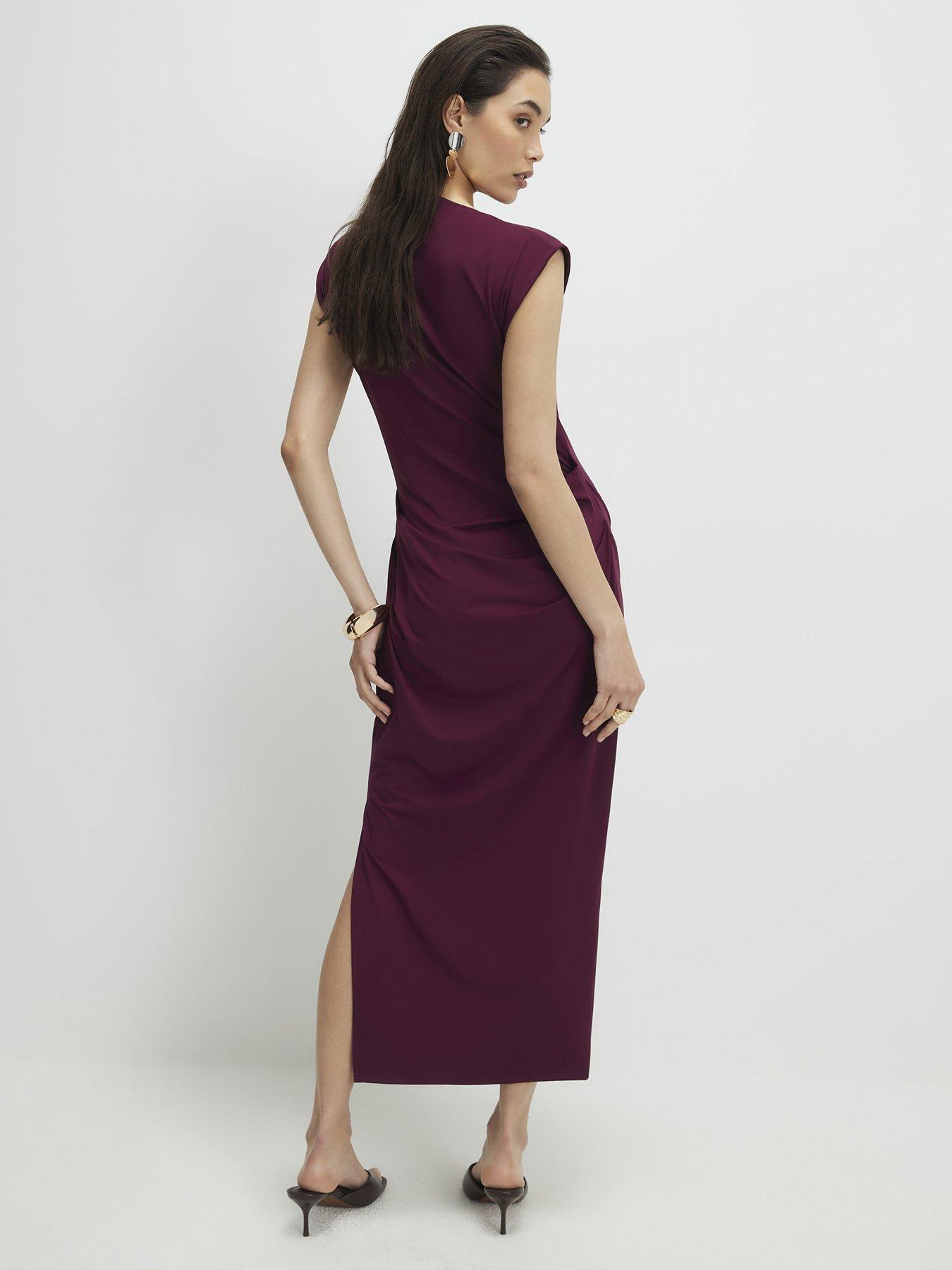 Image 2 of 4 of River Island Short High Neck Ruched Midi Dress - Purple