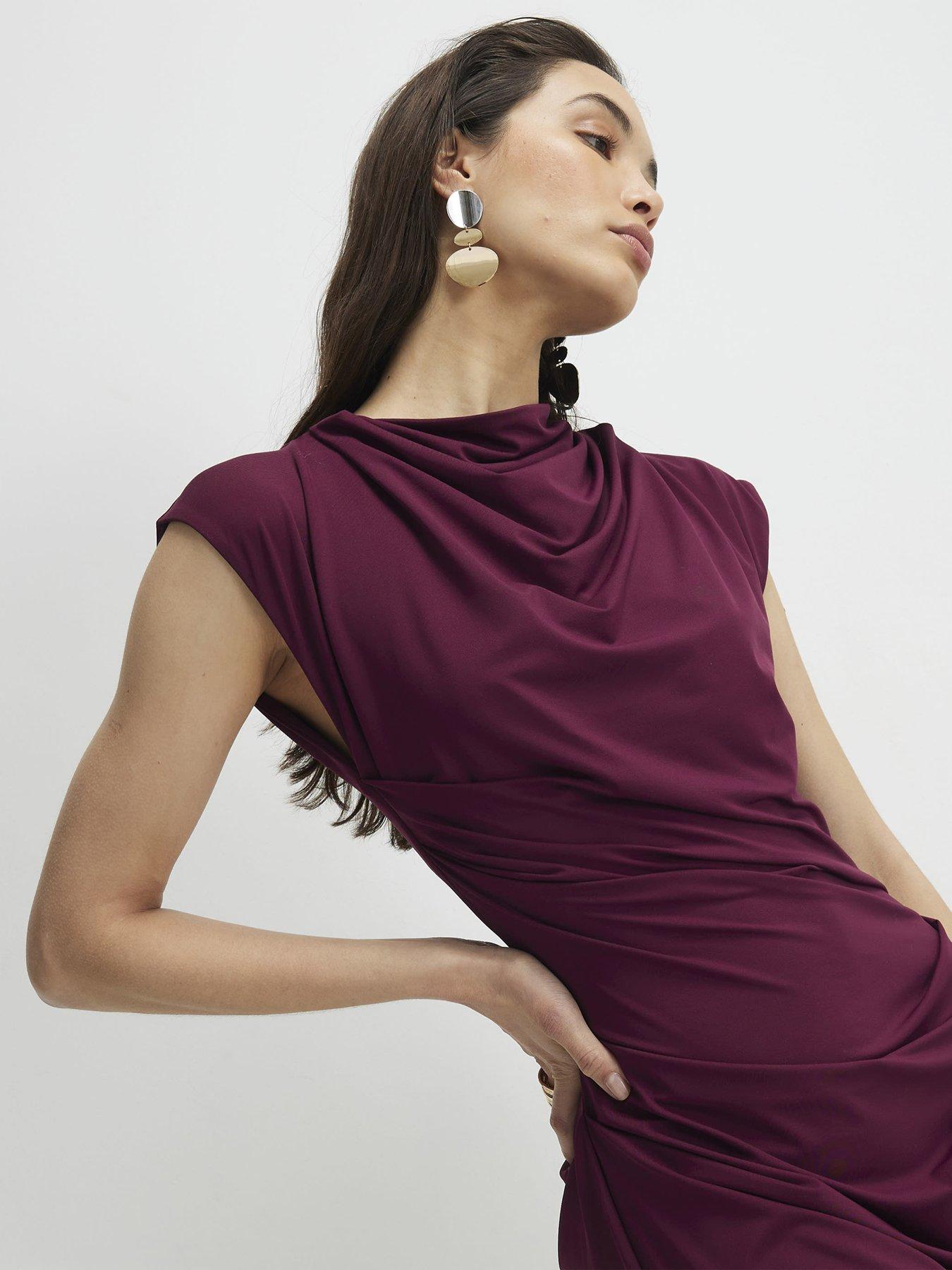 Image 4 of 4 of River Island Short High Neck Ruched Midi Dress - Purple