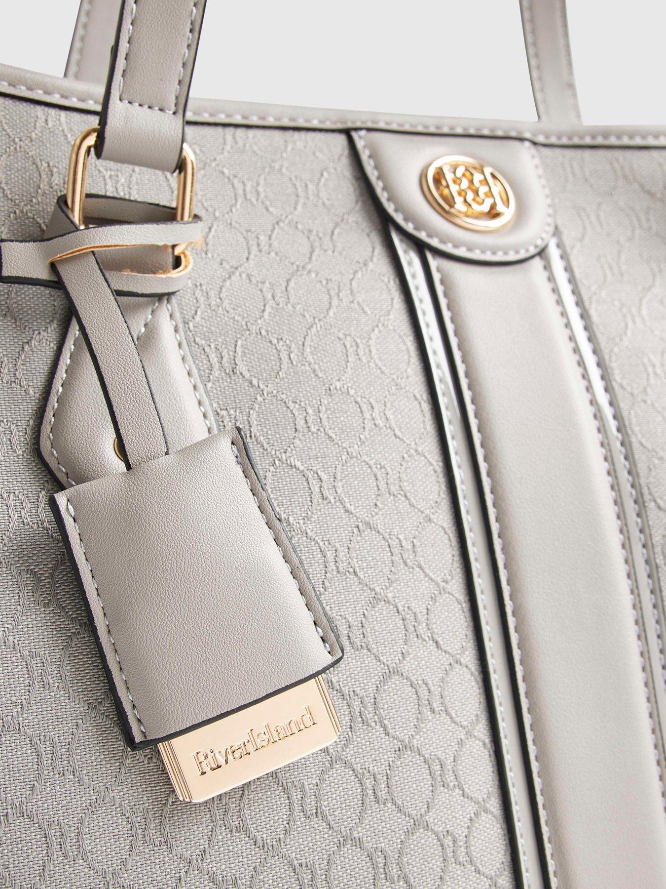 Image 4 of 5 of River Island Jacquard Stripe Monogram Shopper Bag - Grey