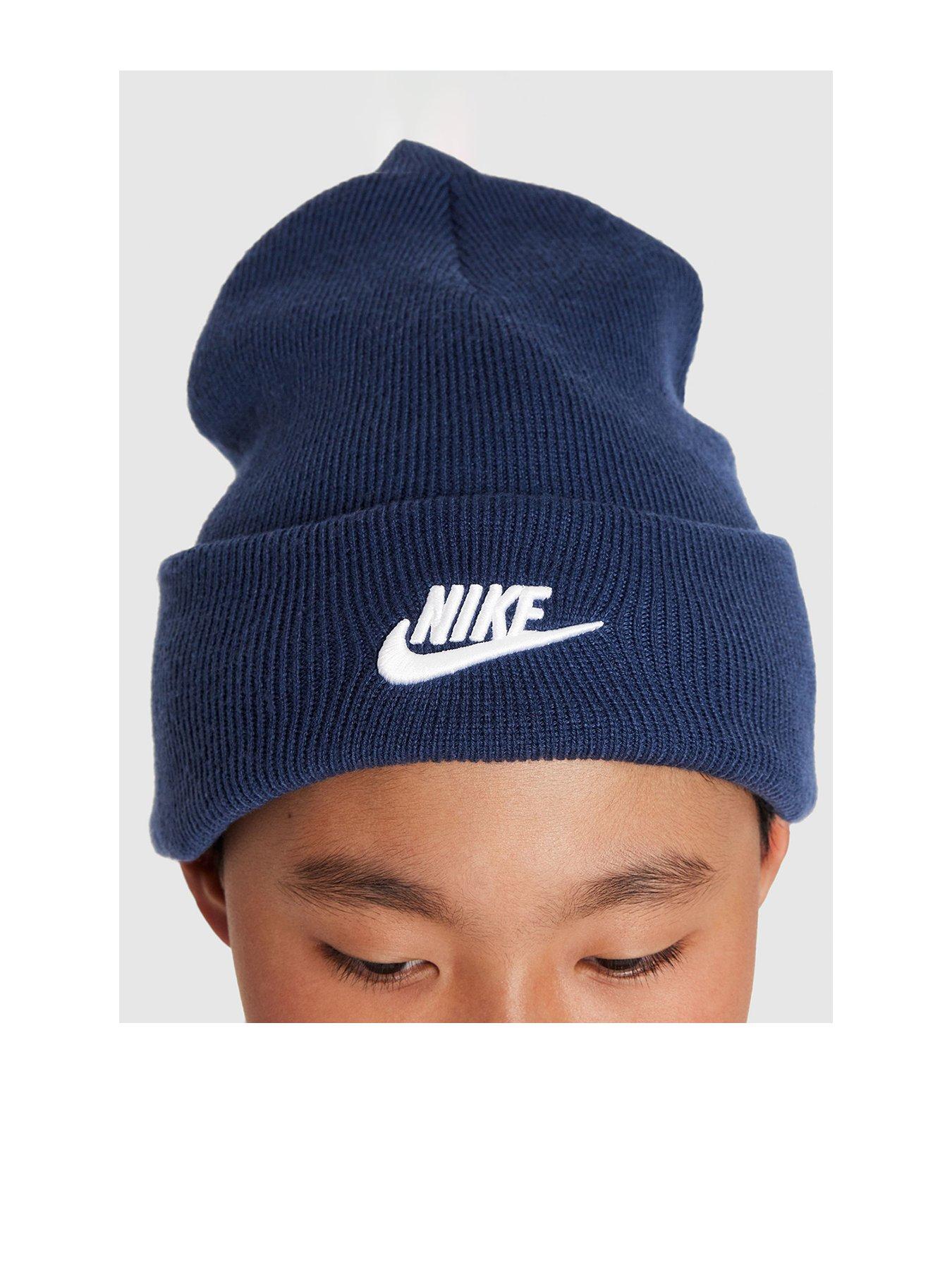 Nike Big Kids Girls Soft Lined Turn-Up Beanie Hat - Navy in Midnight Navy/White