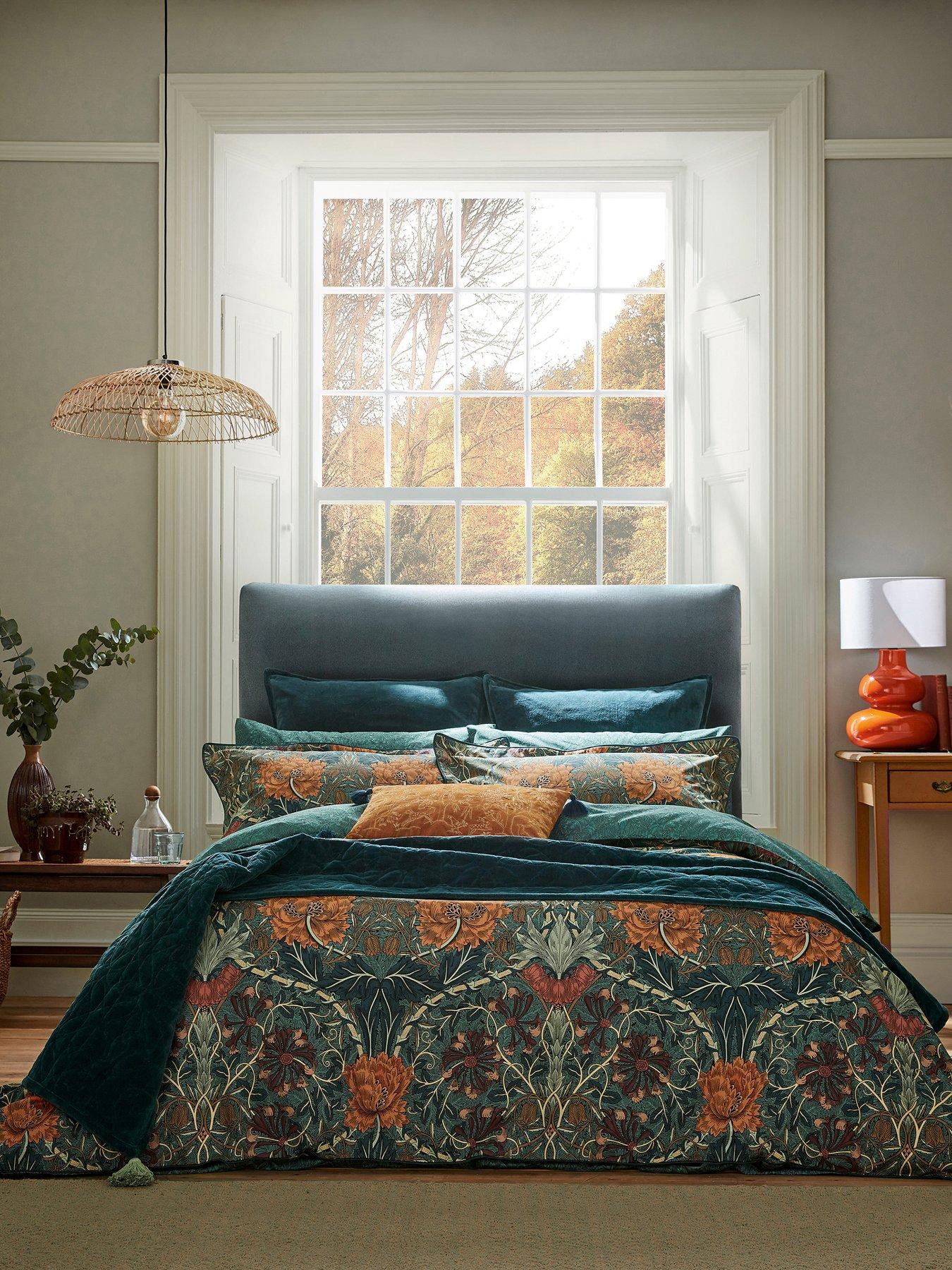 Morris & Co Honeysuckle  &  Tulip Cover Set 100% Cotton Mulberry  &  Teal