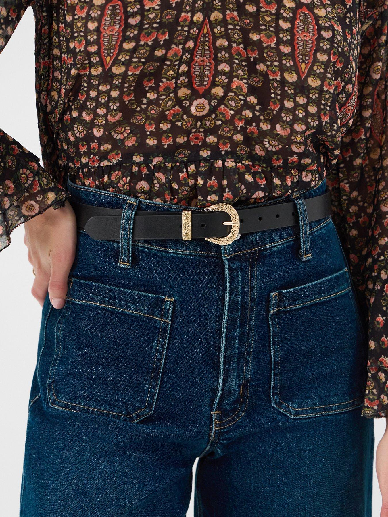 Image 2 of 3 of Accessorize Leather Western Buckle Belt - Black
