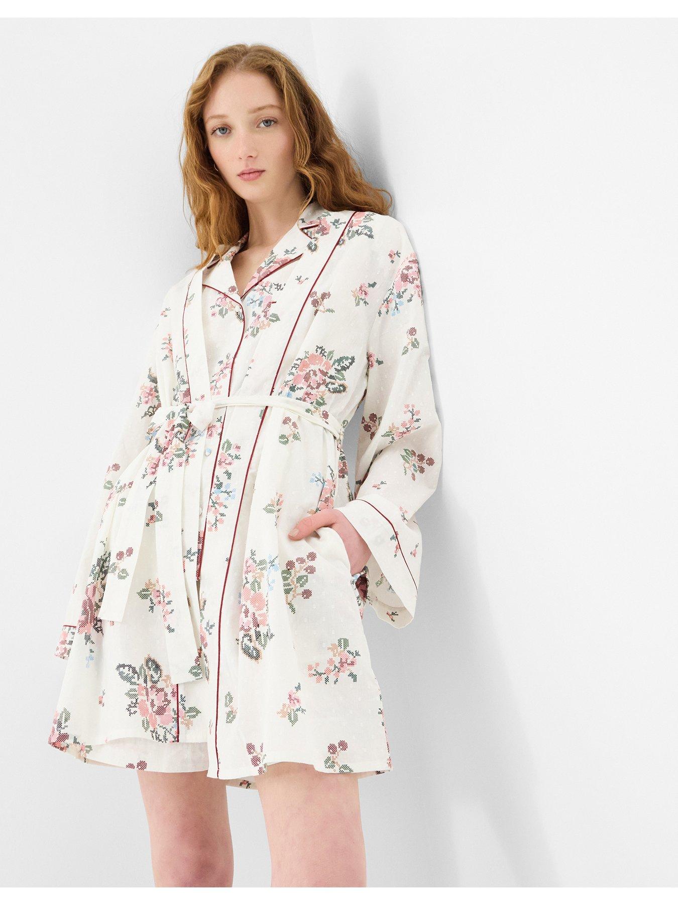 Image 1 of 4 of Accessorize Floral Print Short Dressing Gown - Cream