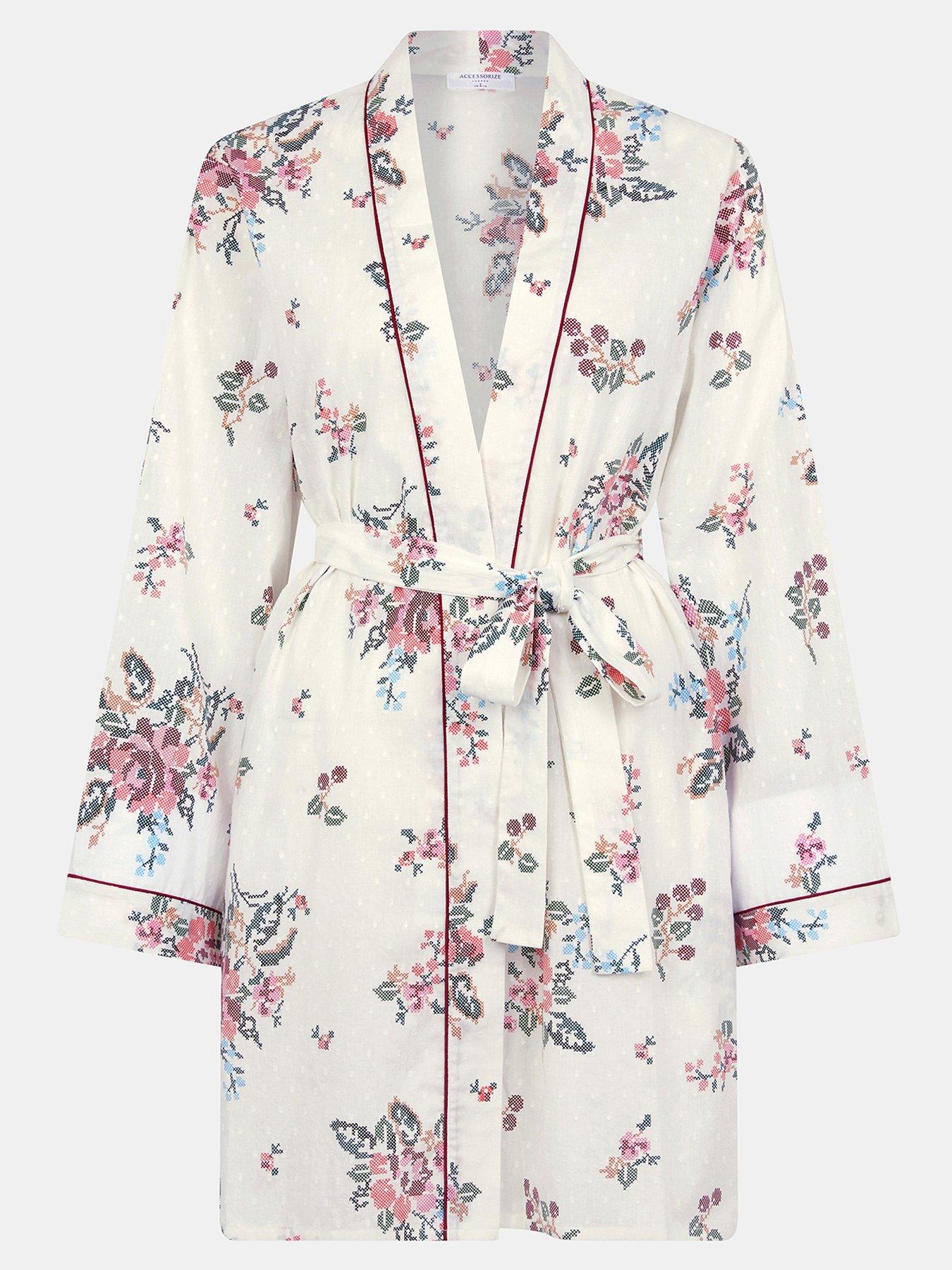 Image 4 of 4 of Accessorize Floral Print Short Dressing Gown - Cream