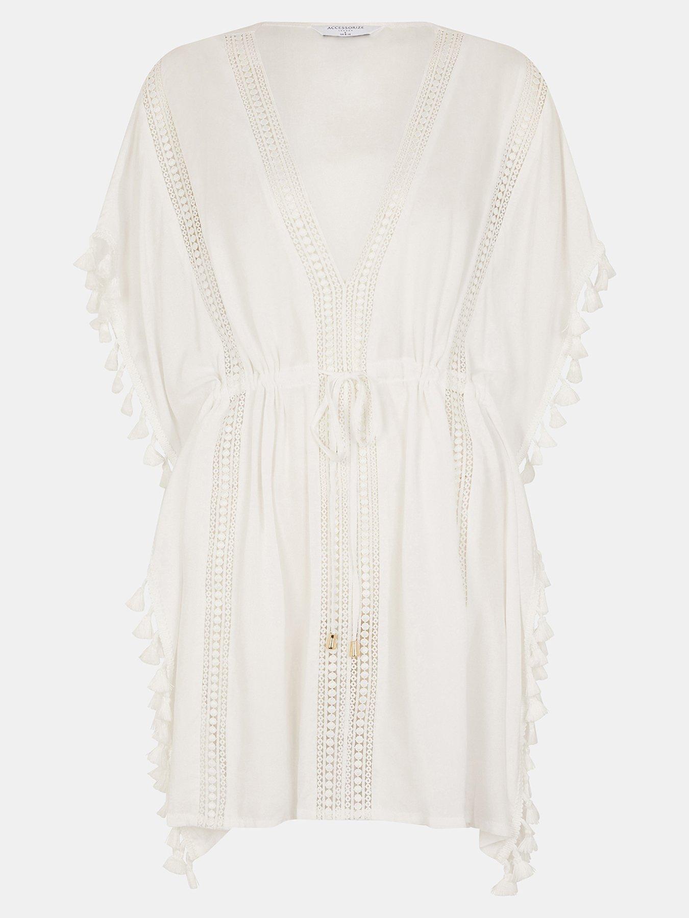 Image 4 of 4 of Accessorize Tassel Trim Mini Kaftan - White